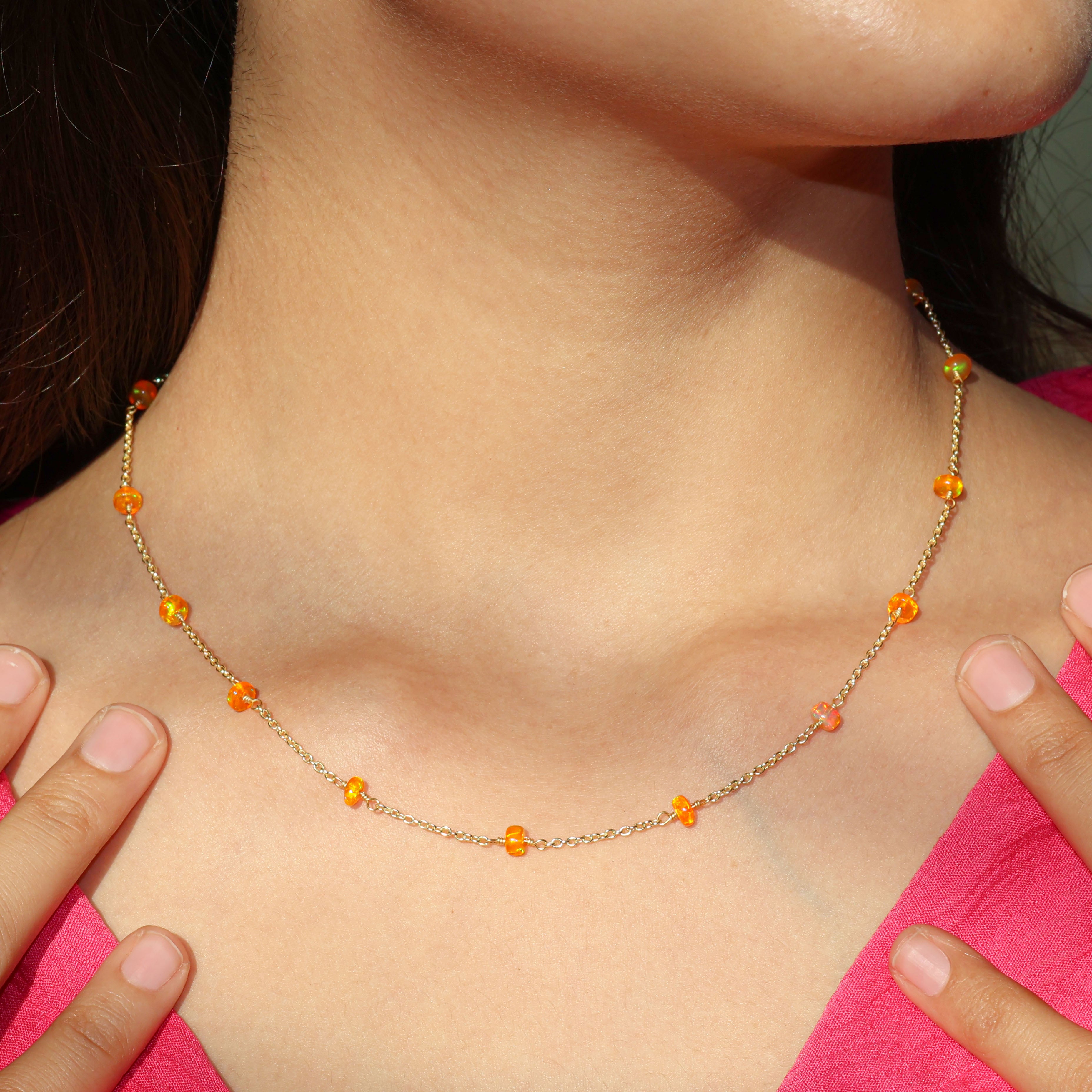 Beaded Chain Necklace for Women Natural Orange Opal