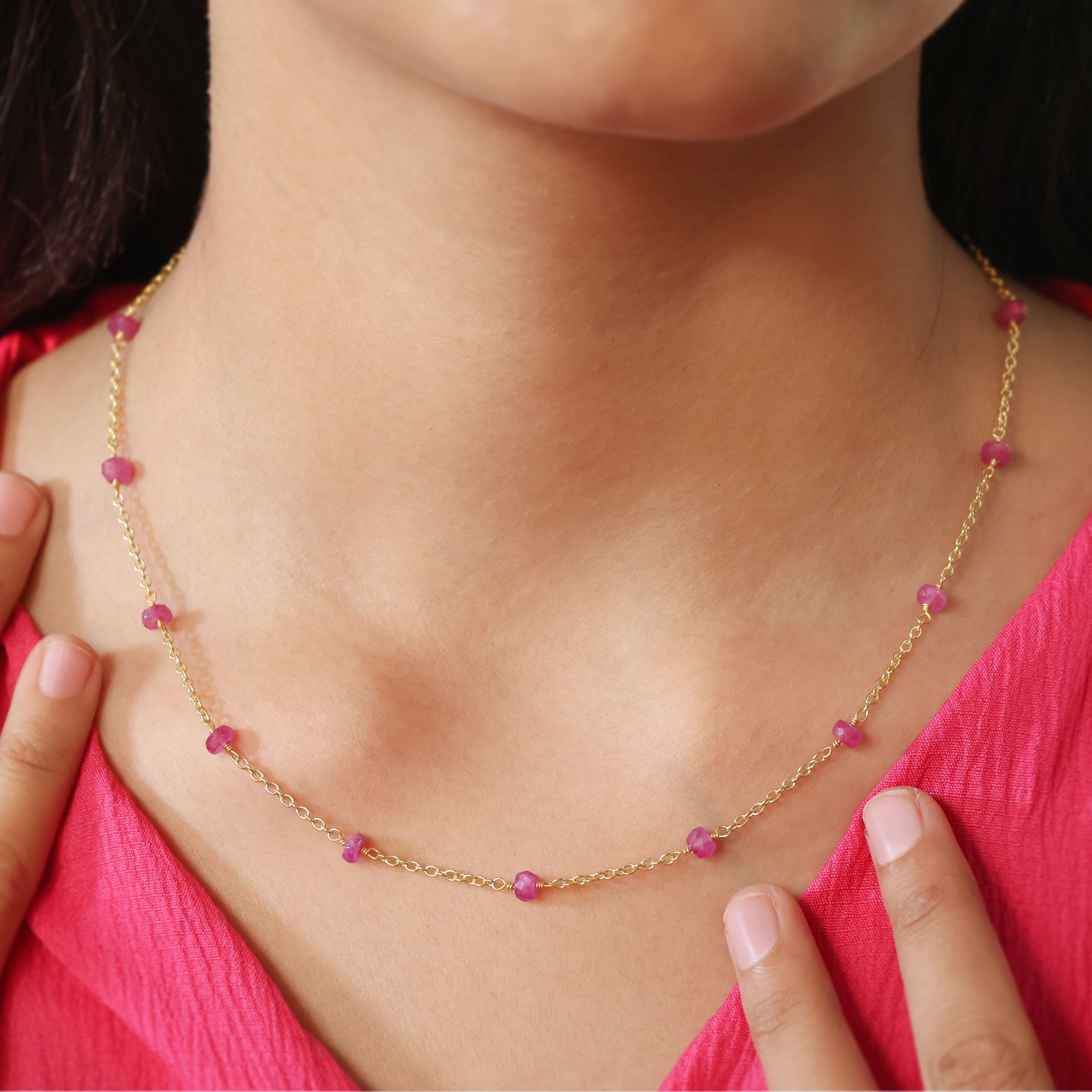 Beaded Chain Necklace for Women Natural Pink Ruby
