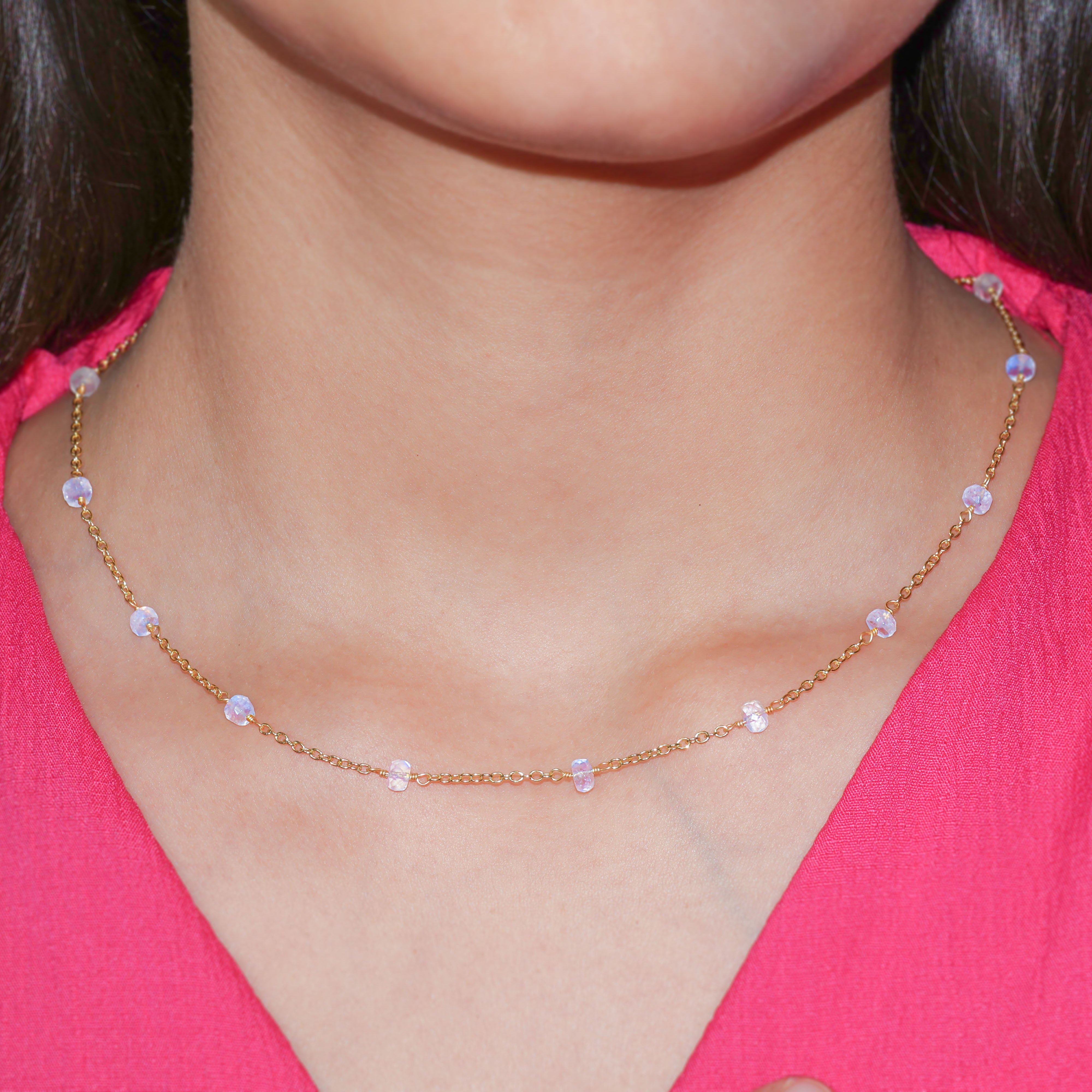 Beaded Chain Necklace for Women Natural Rainbow Moonstone