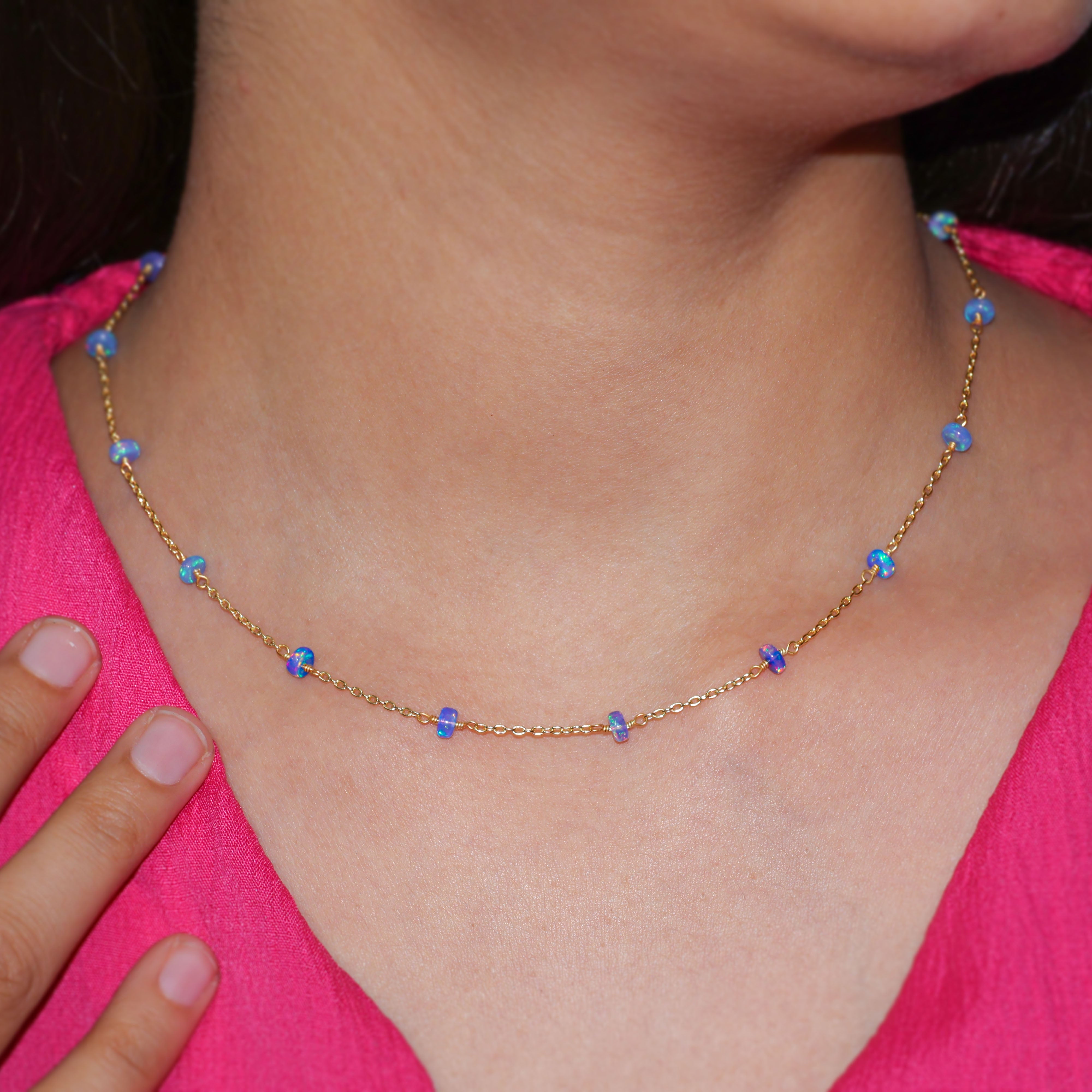 Beaded Chain Necklace for Women Natural Blue Opal