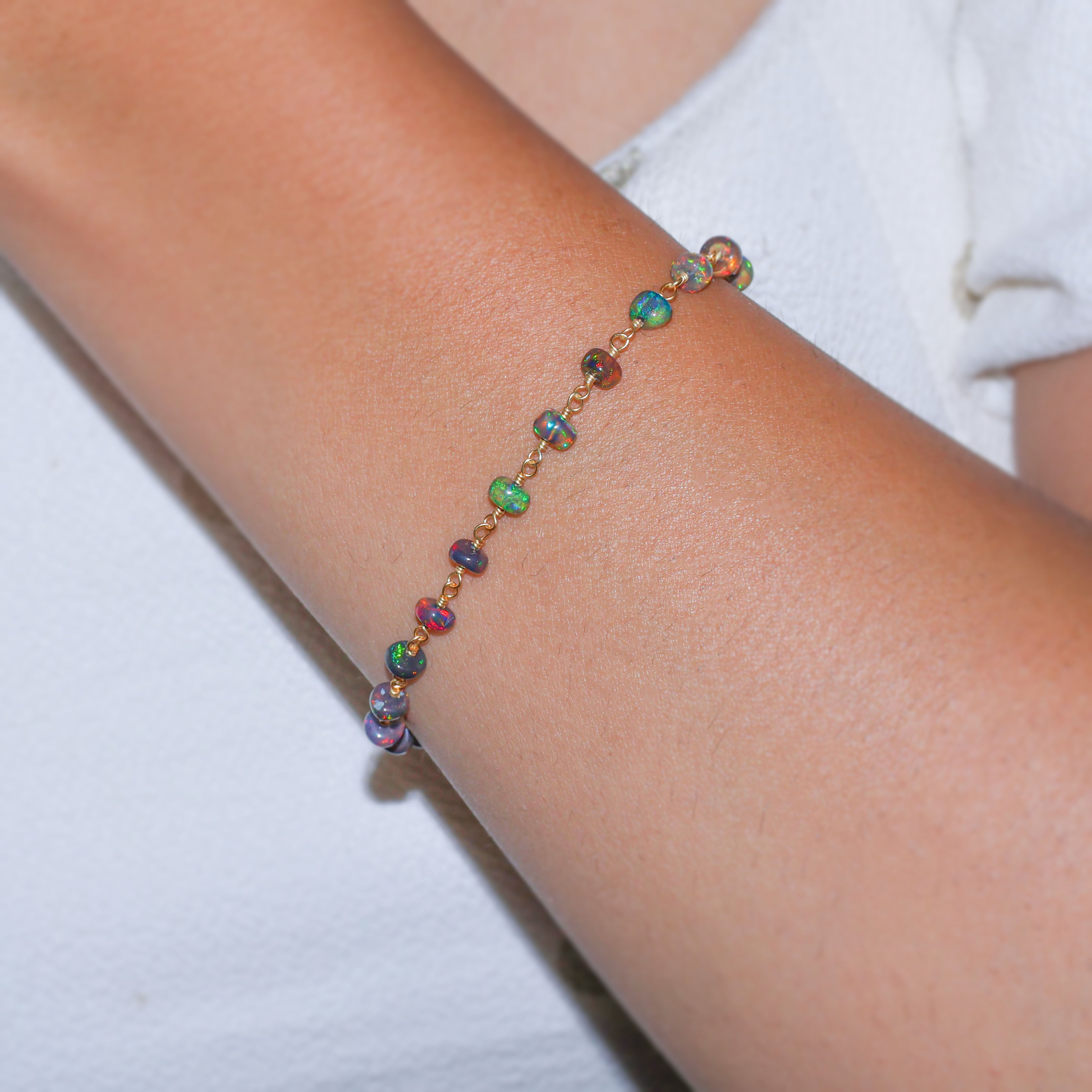 BLACK OPAL BEADED WIRE WRAPPED BRACELET