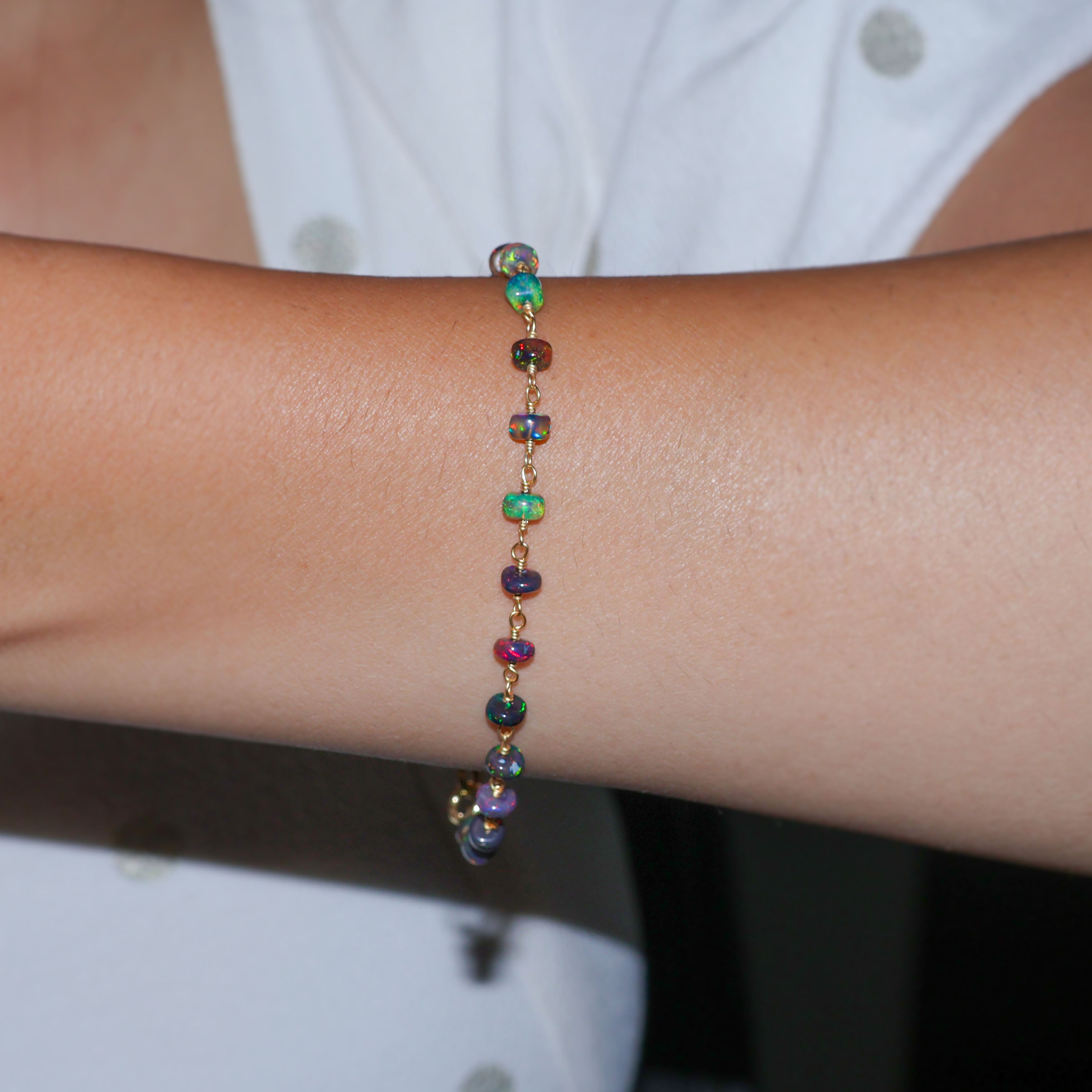 BLACK OPAL BEADED WIRE WRAPPED BRACELET