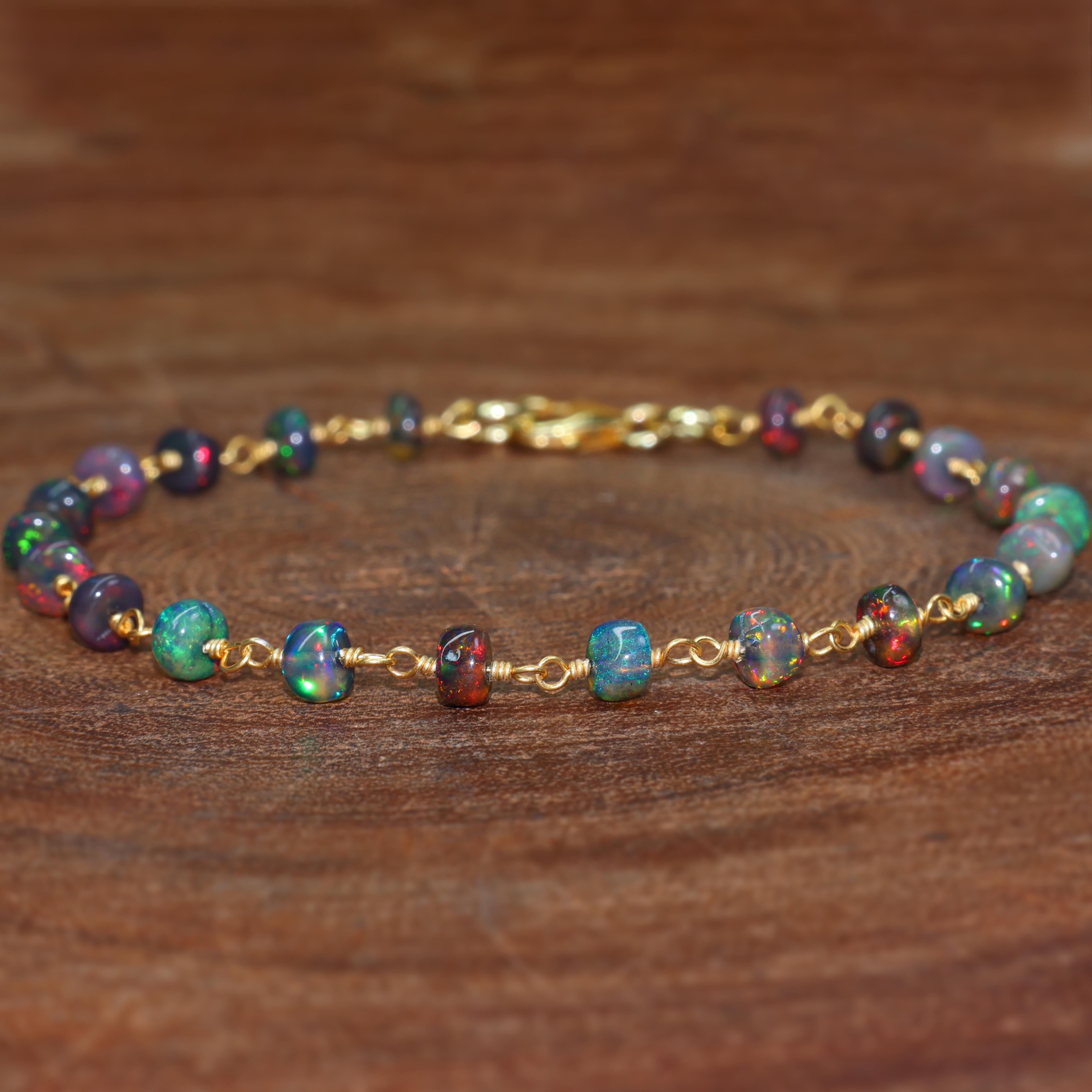 BLACK OPAL BEADED WIRE WRAPPED BRACELET