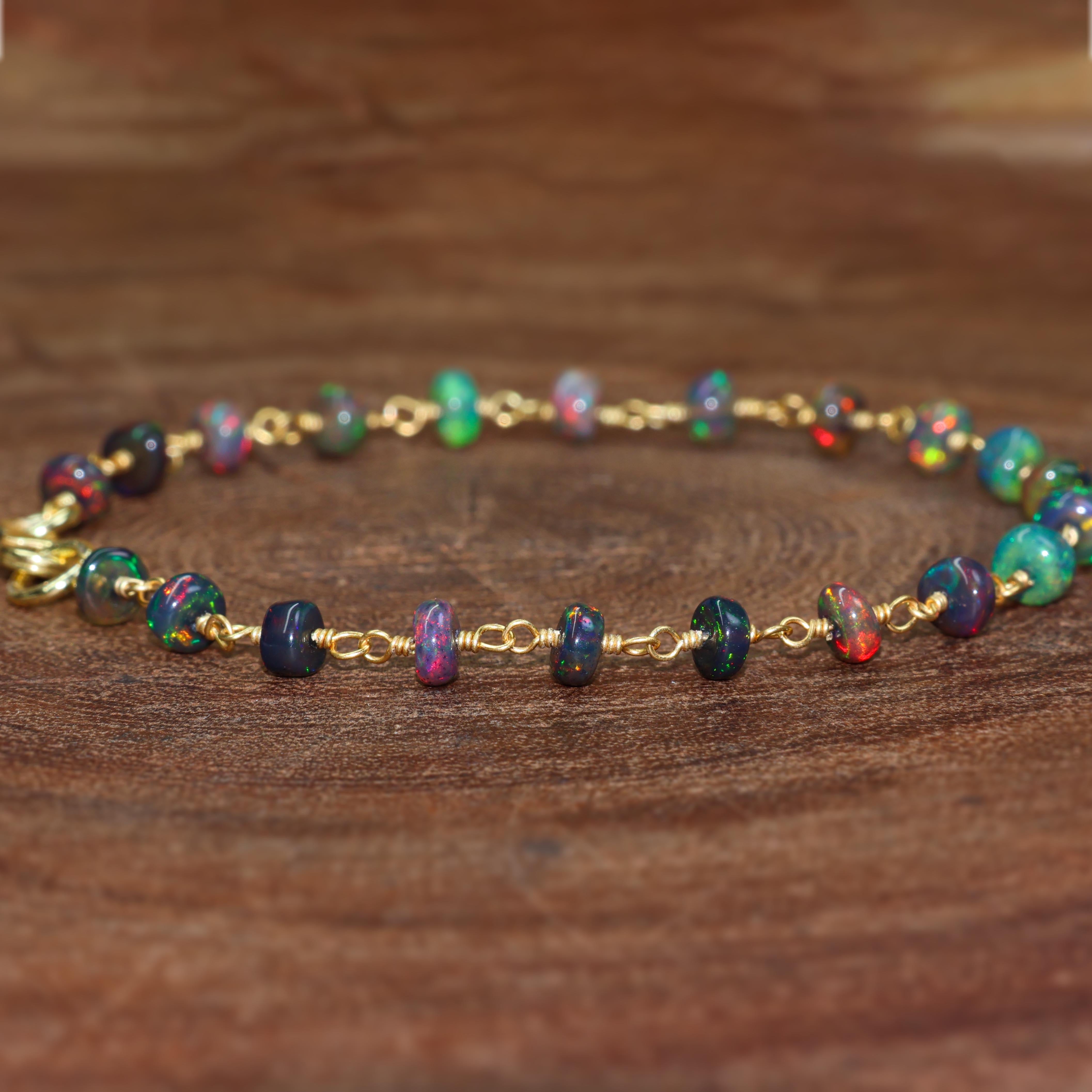 BLACK OPAL BEADED WIRE WRAPPED BRACELET