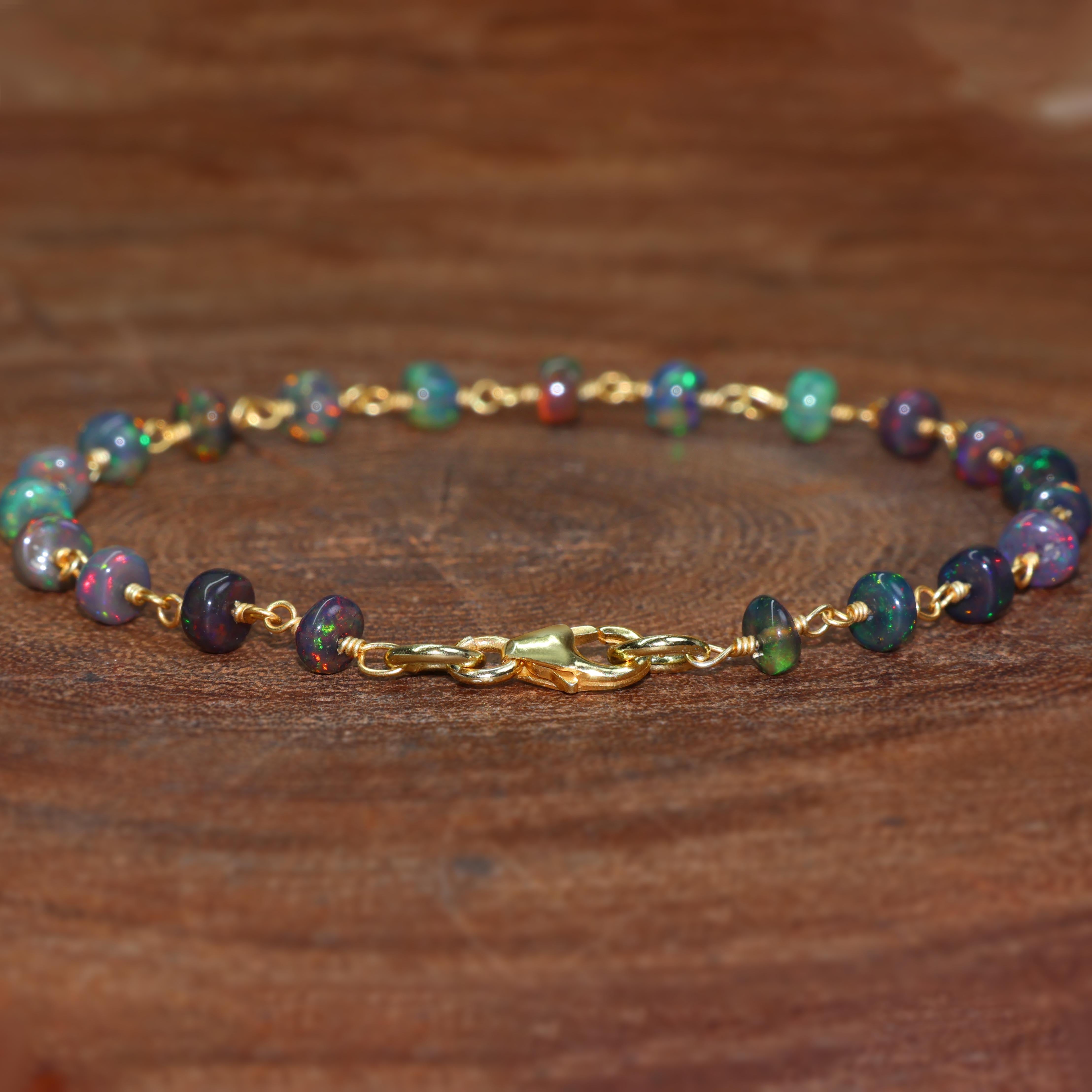 BLACK OPAL BEADED WIRE WRAPPED BRACELET