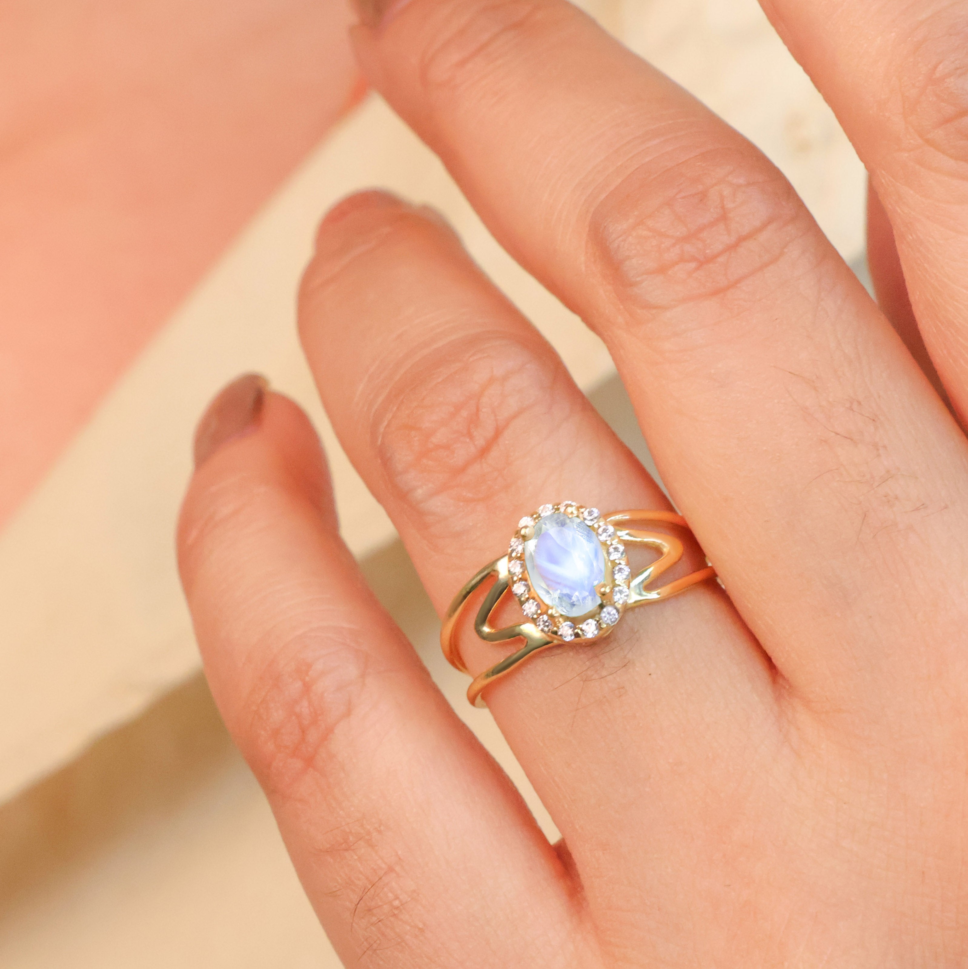 Natural Moonstone & White Zircon Stackable Halo Ring