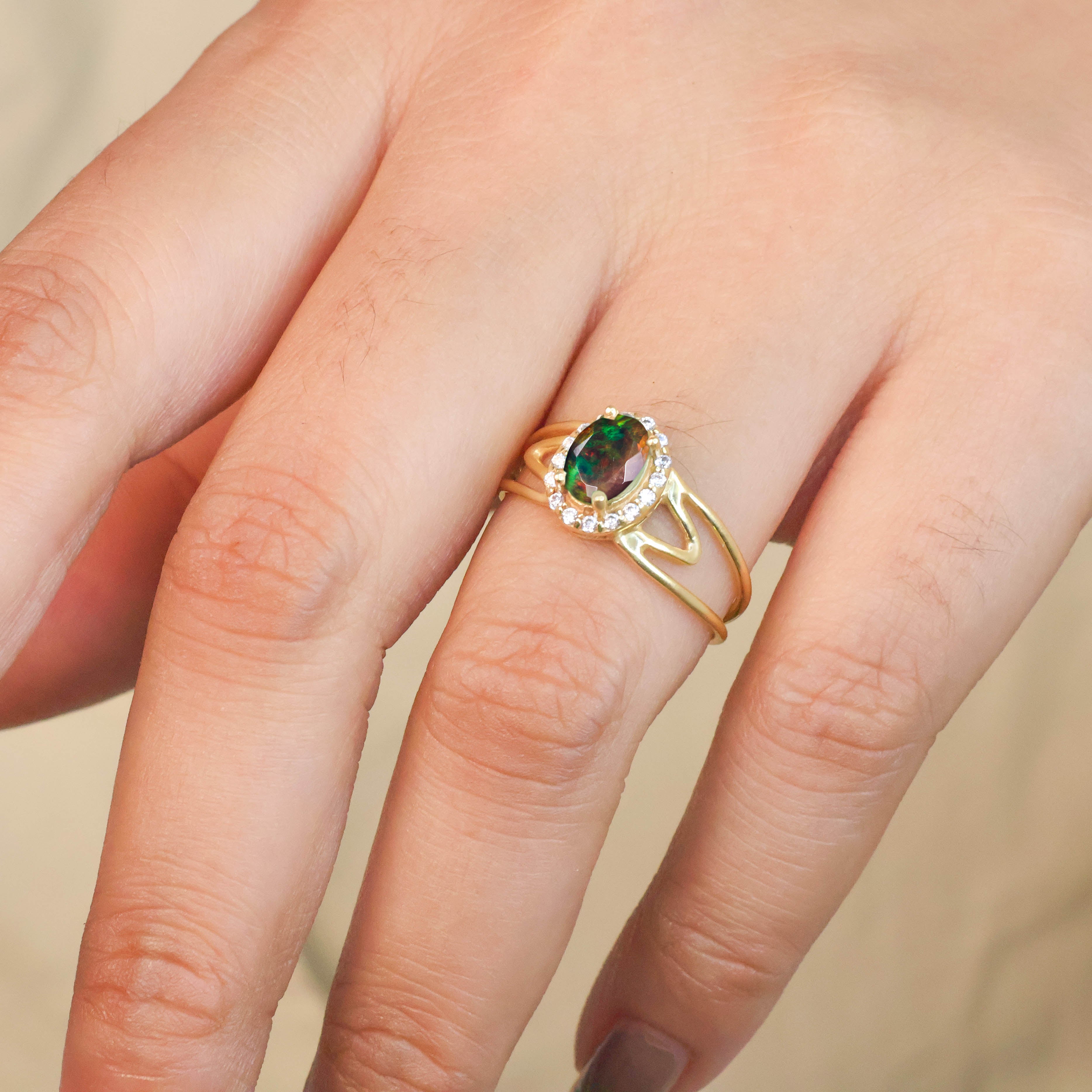 Natural Black Opal & White Zircon Stackable Halo Ring