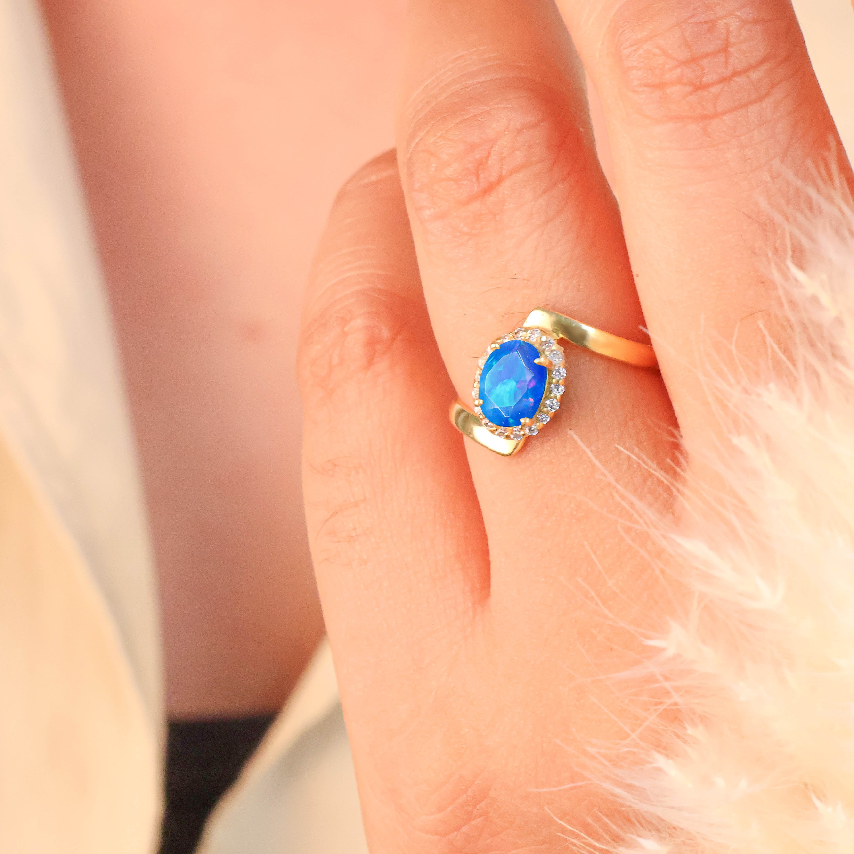 Natural Blue fire Ethiopian opal wedding ring