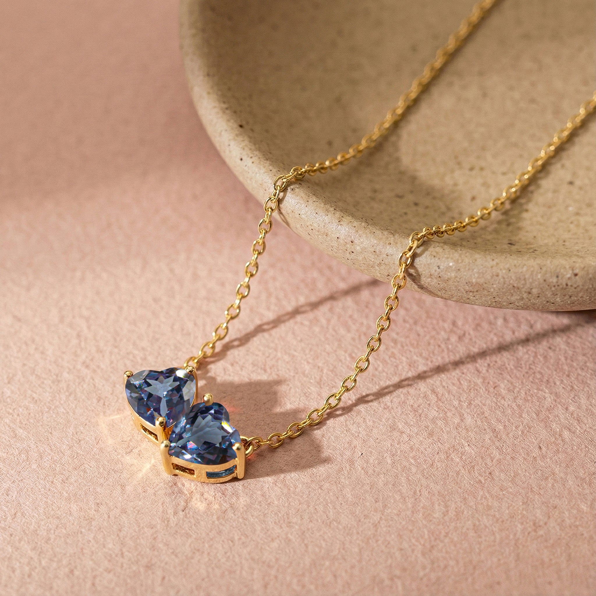 Alexandrite Double Heart Pendant Necklace in Yellow Gold Plated 5 MM 1.3ct