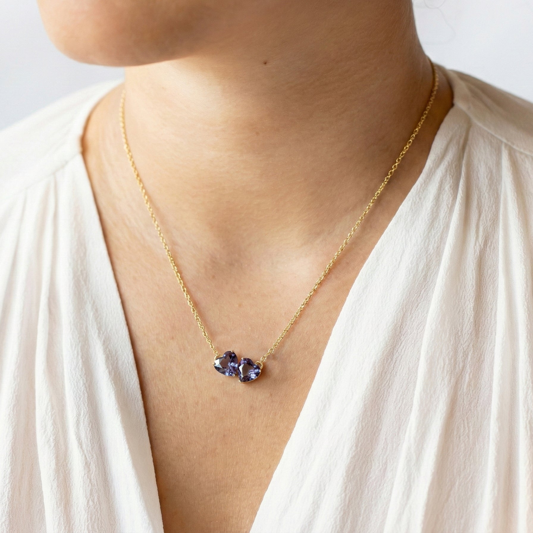 Alexandrite Double Heart Pendant Necklace in Yellow Gold Plated 5 MM 1.3ct