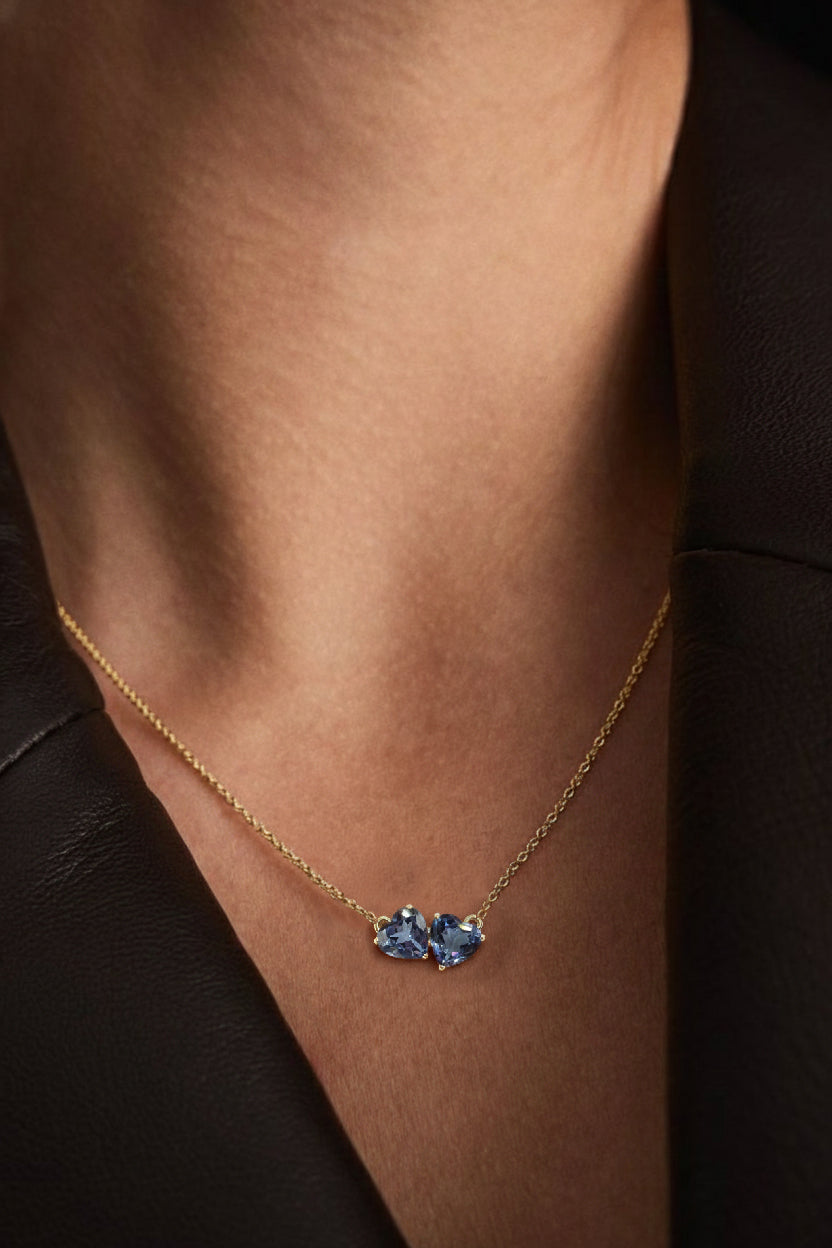 Alexandrite Double Heart Pendant Necklace in Yellow Gold Plated 5 MM 1.3ct