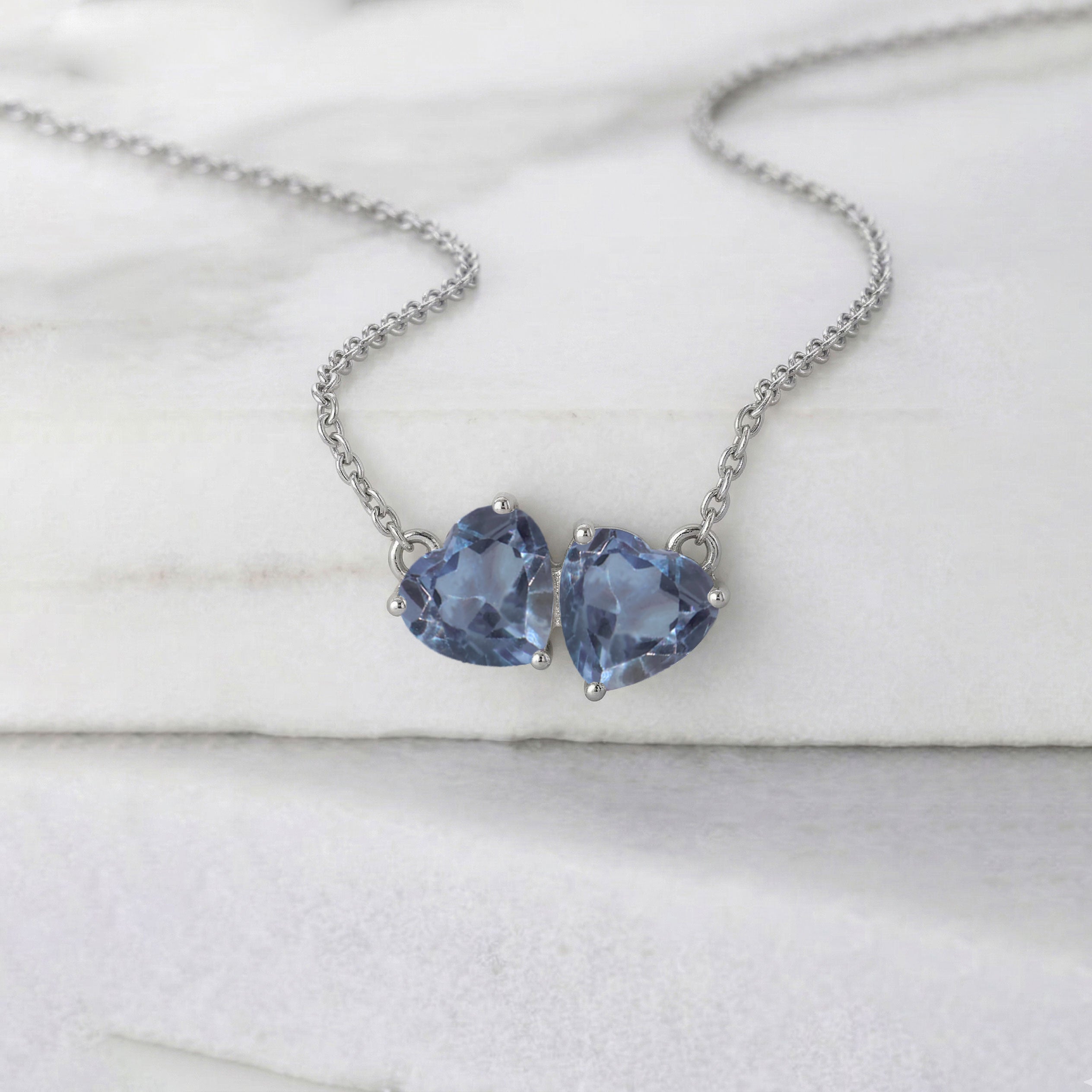Alexandrite Double Heart Pendant Necklace in 925 Sterling Silver 5 MM 1.3ct