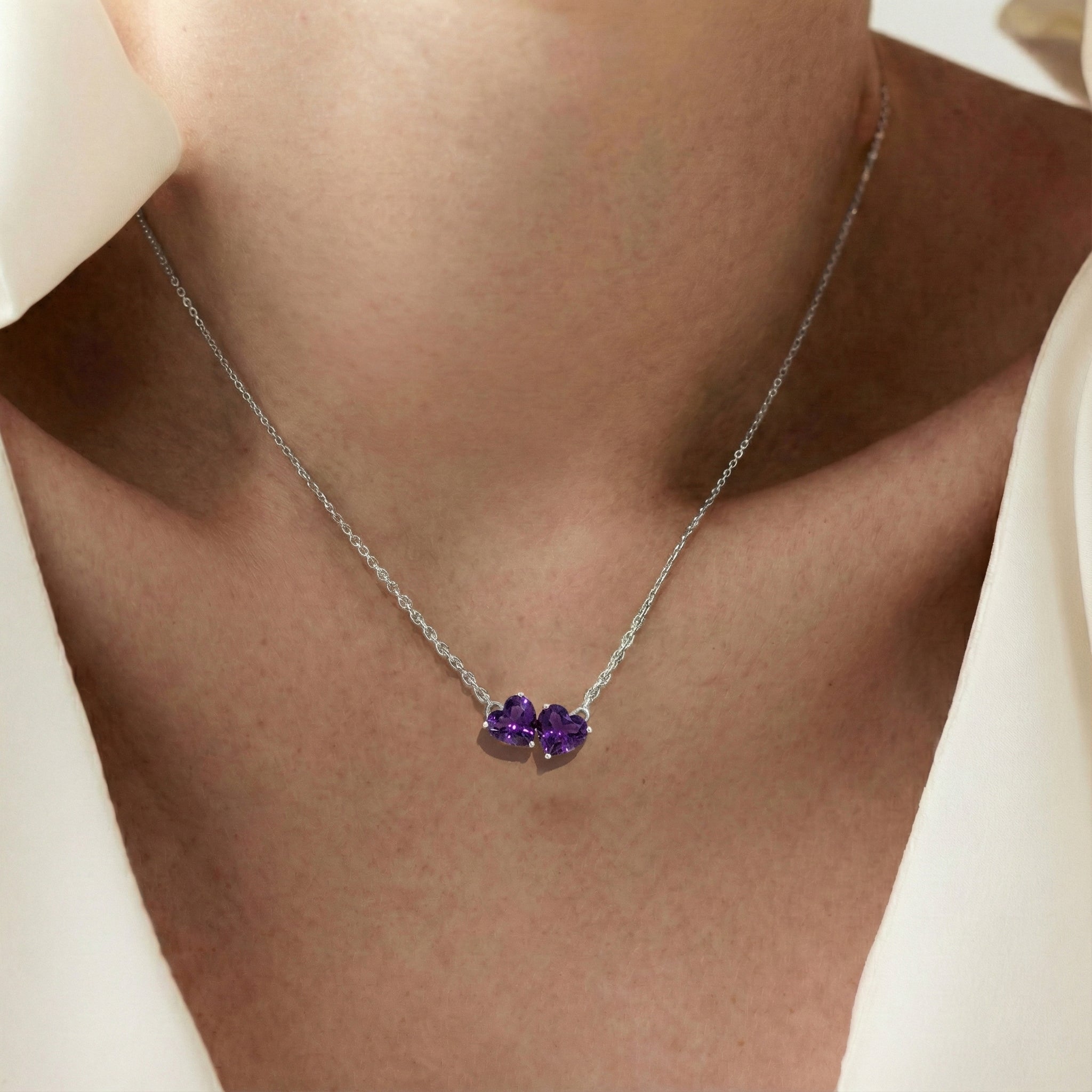 Amethyst Double Heart Pendant Necklace in 925 Sterling Silver 5 MM 1.3ct