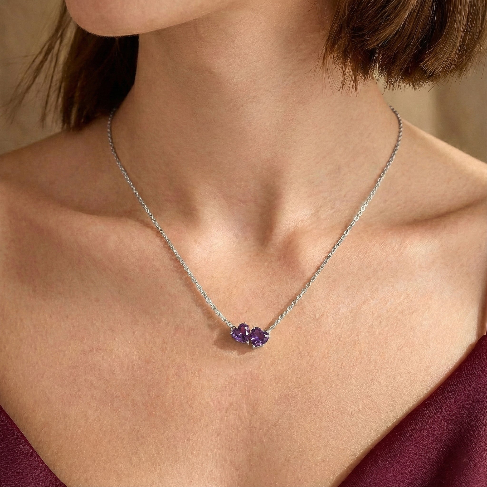 Amethyst Double Heart Pendant Necklace in 925 Sterling Silver 5 MM 1.3ct