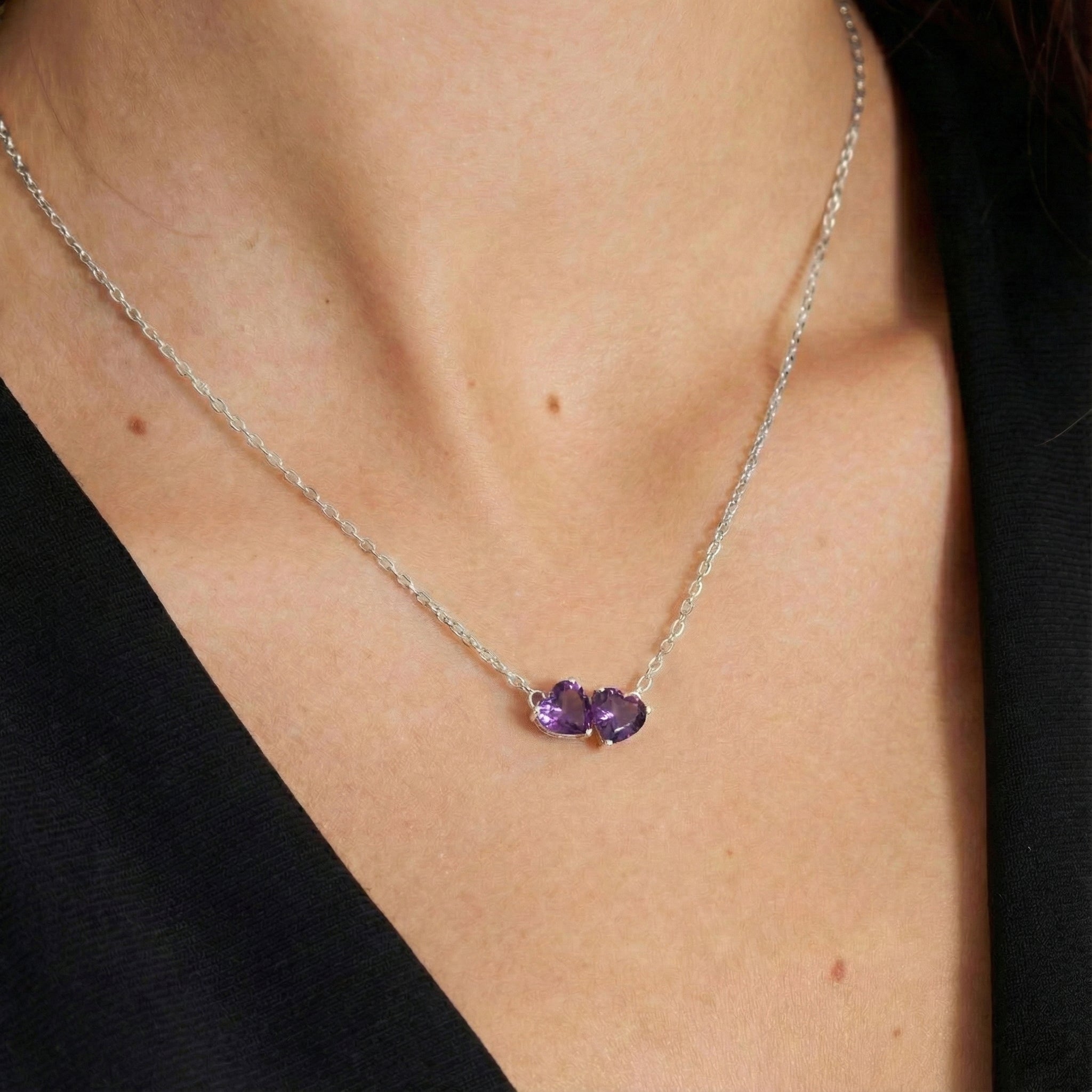 Amethyst Double Heart Pendant Necklace in 925 Sterling Silver 5 MM 1.3ct