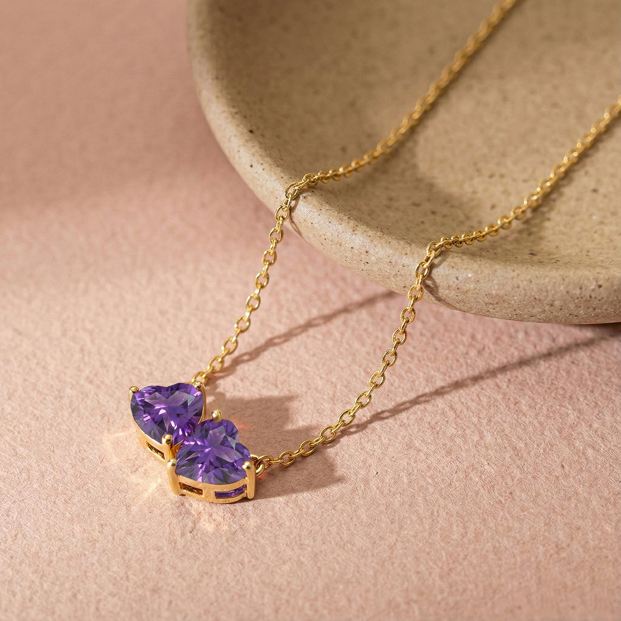 Amethyst Double Heart Pendant Necklace in Yellow Gold Plated 5 MM 1.3ct