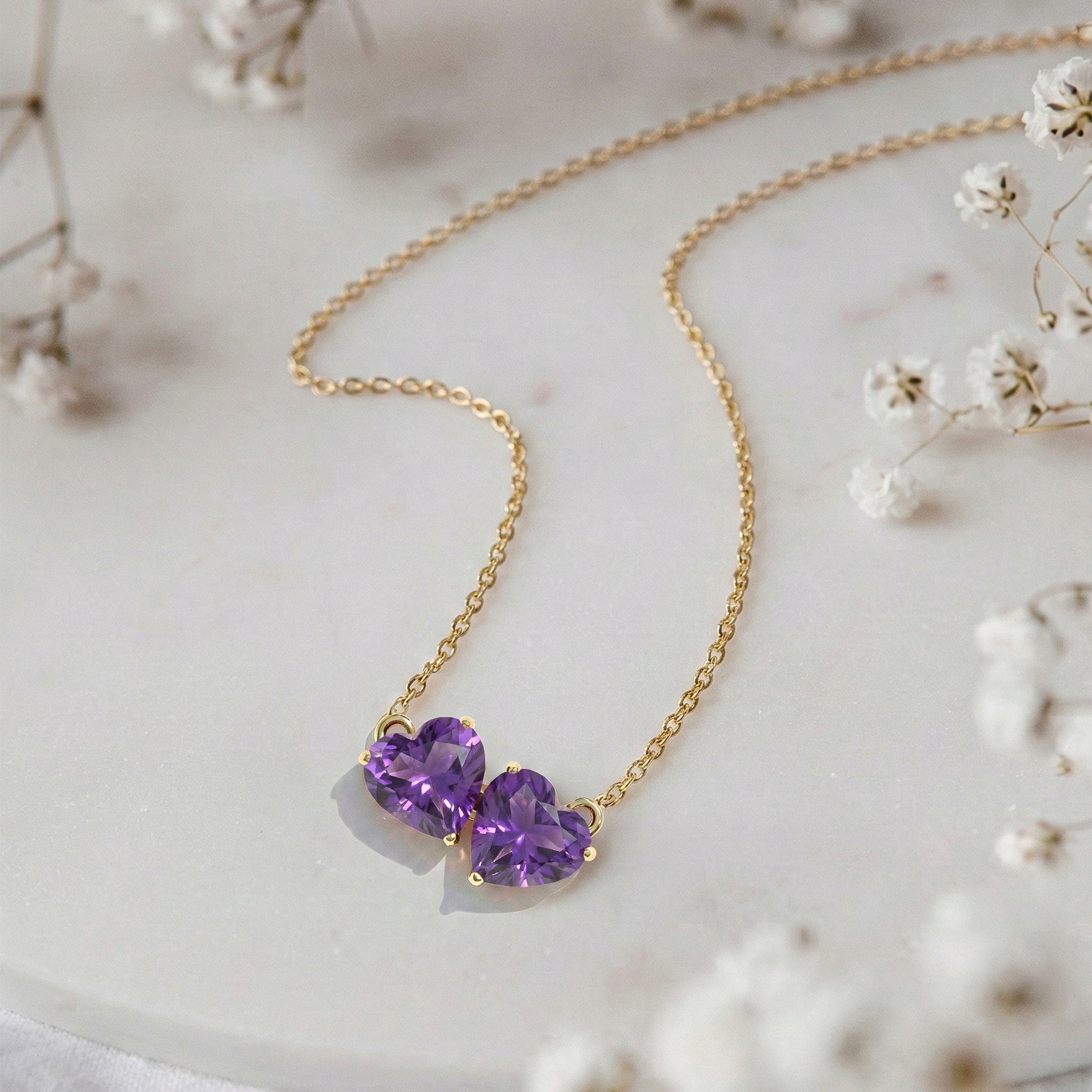 Amethyst Double Heart Pendant Necklace in 925 Sterling Silver 5 MM 1.3ct
