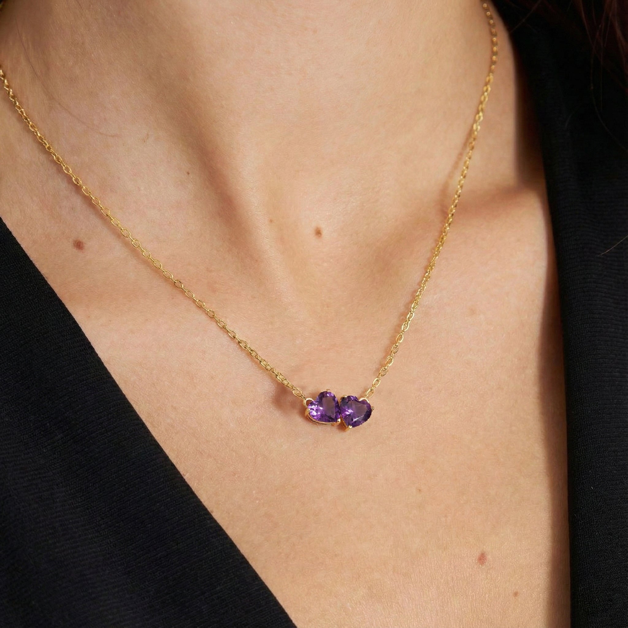Amethyst Double Heart Pendant Necklace in Yellow Gold Plated 5 MM 1.3ct