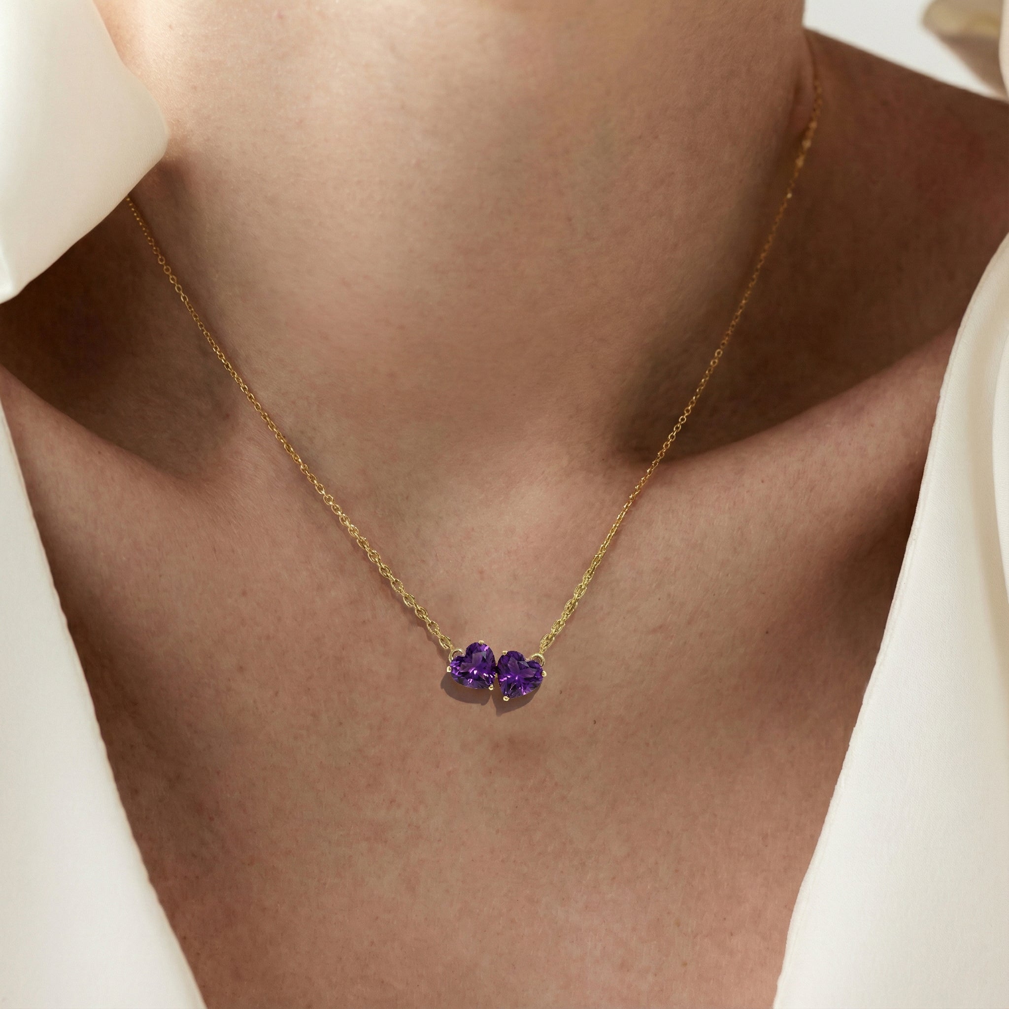 Amethyst Double Heart Pendant Necklace in 925 Sterling Silver 5 MM 1.3ct