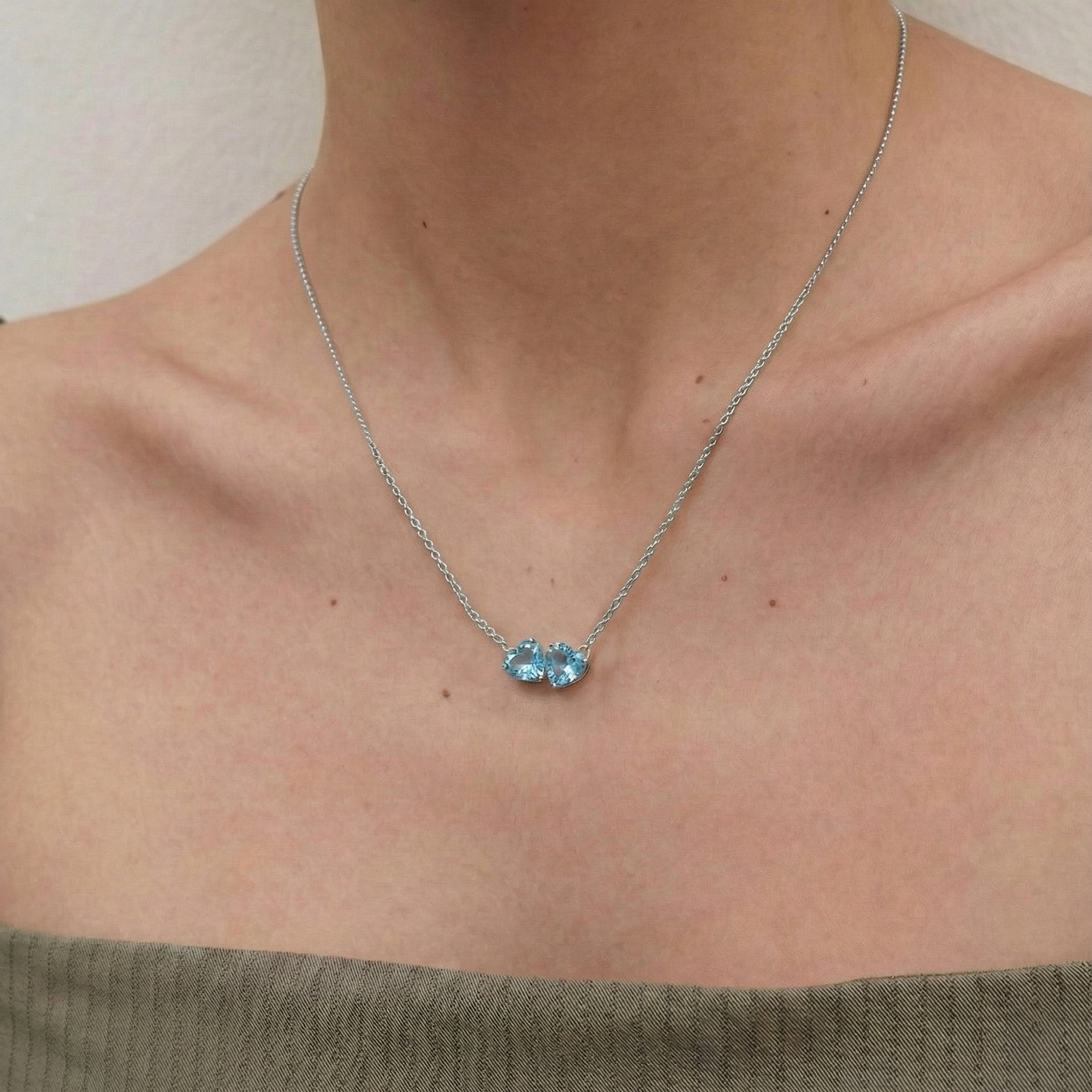 Aquamarine Double Heart Pendant Necklace in 925 Sterling Silver 5 MM 1.3ct