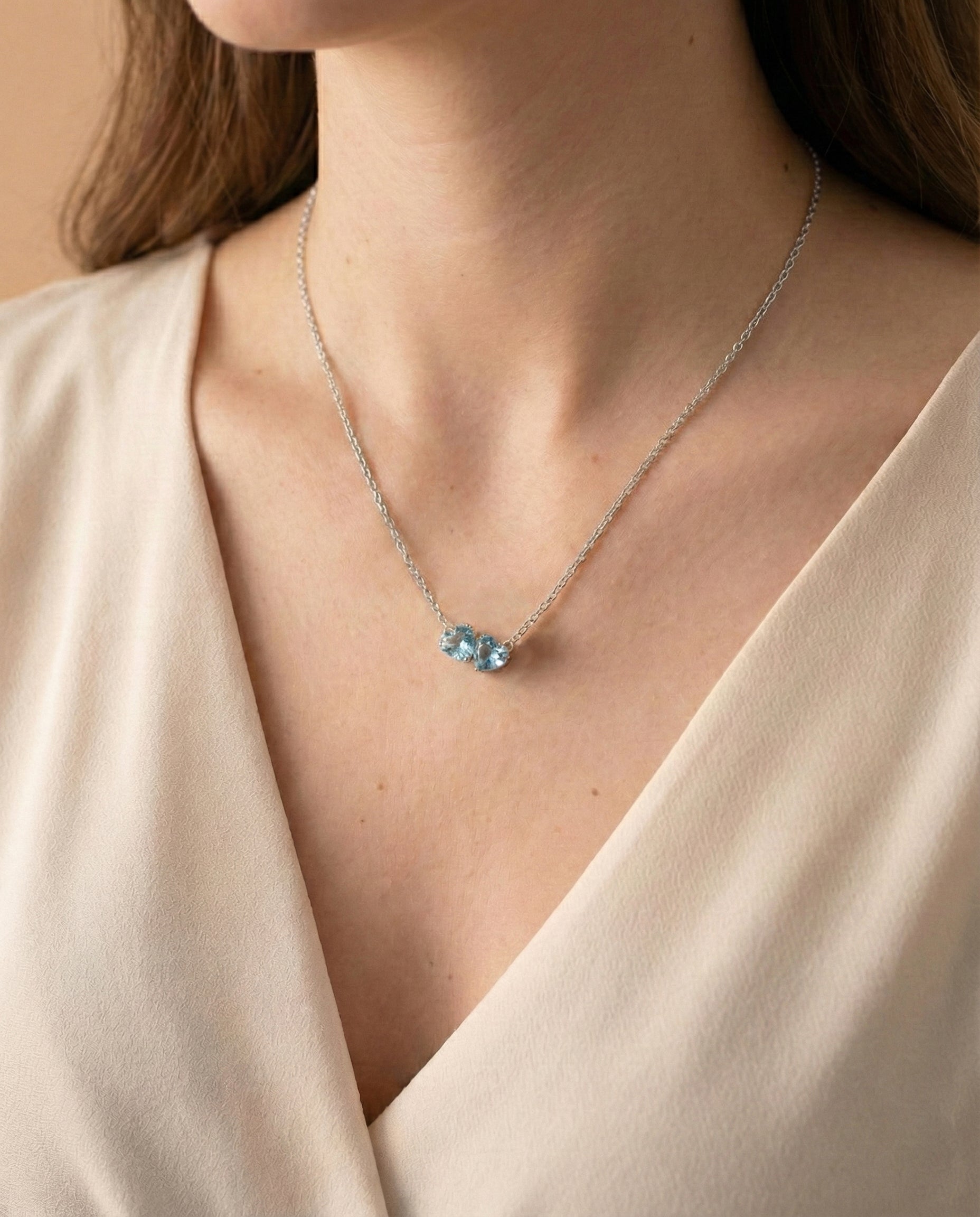 Aquamarine Double Heart Pendant Necklace in 925 Sterling Silver 5 MM 1.3ct