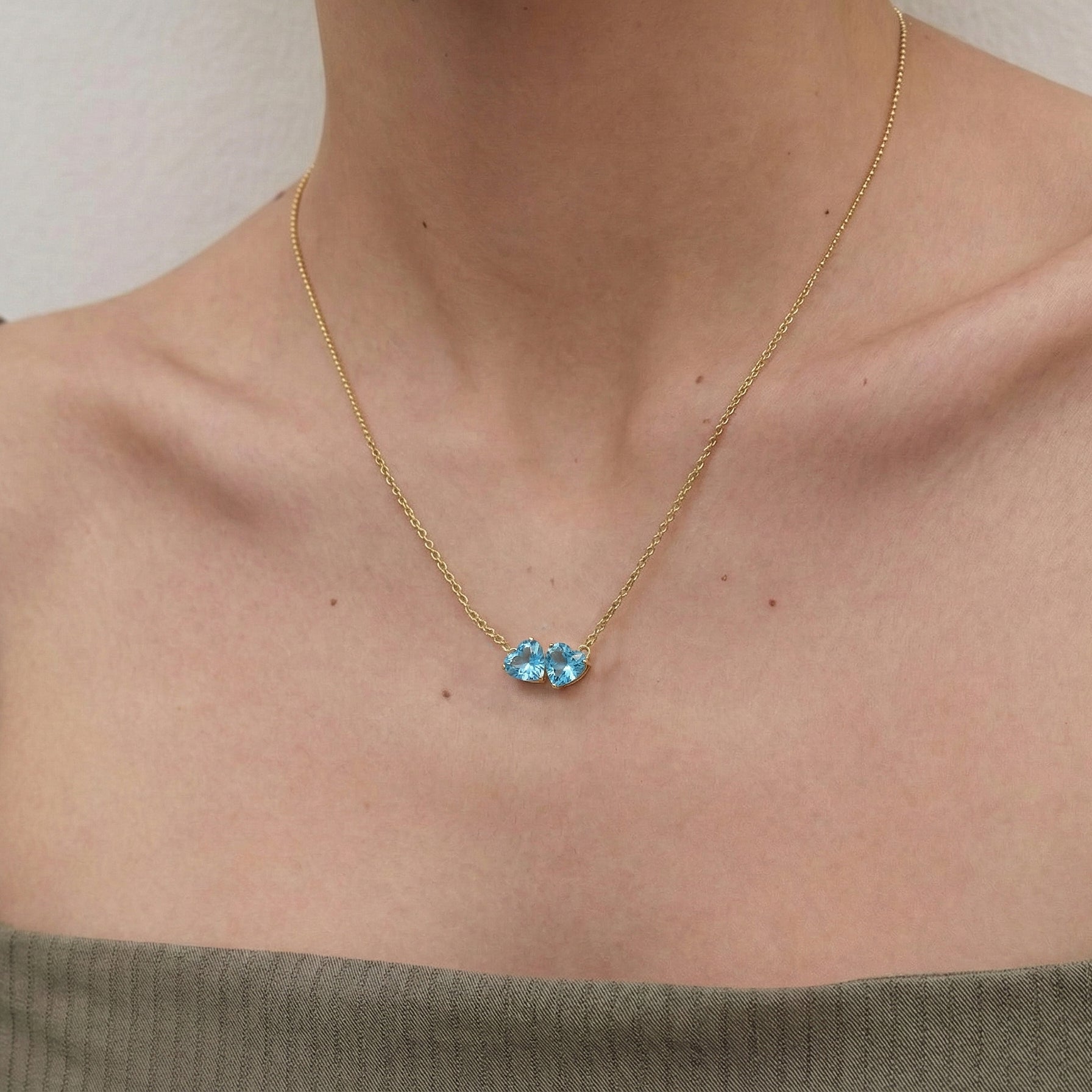 Aquamarine Double Heart Pendant Necklace in Yellow Gold Plated 5 MM 1.3ct