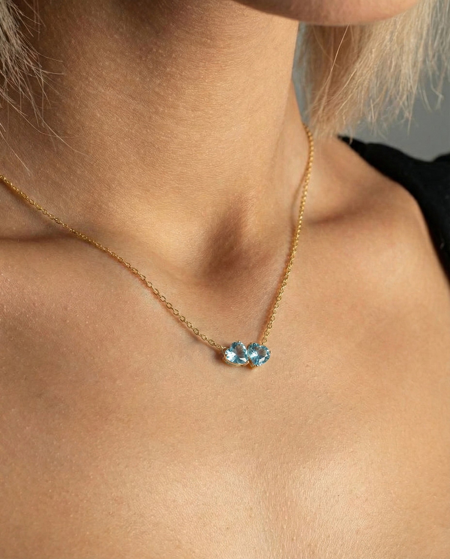 Aquamarine Double Heart Pendant Necklace in Yellow Gold Plated 5 MM 1.3ct