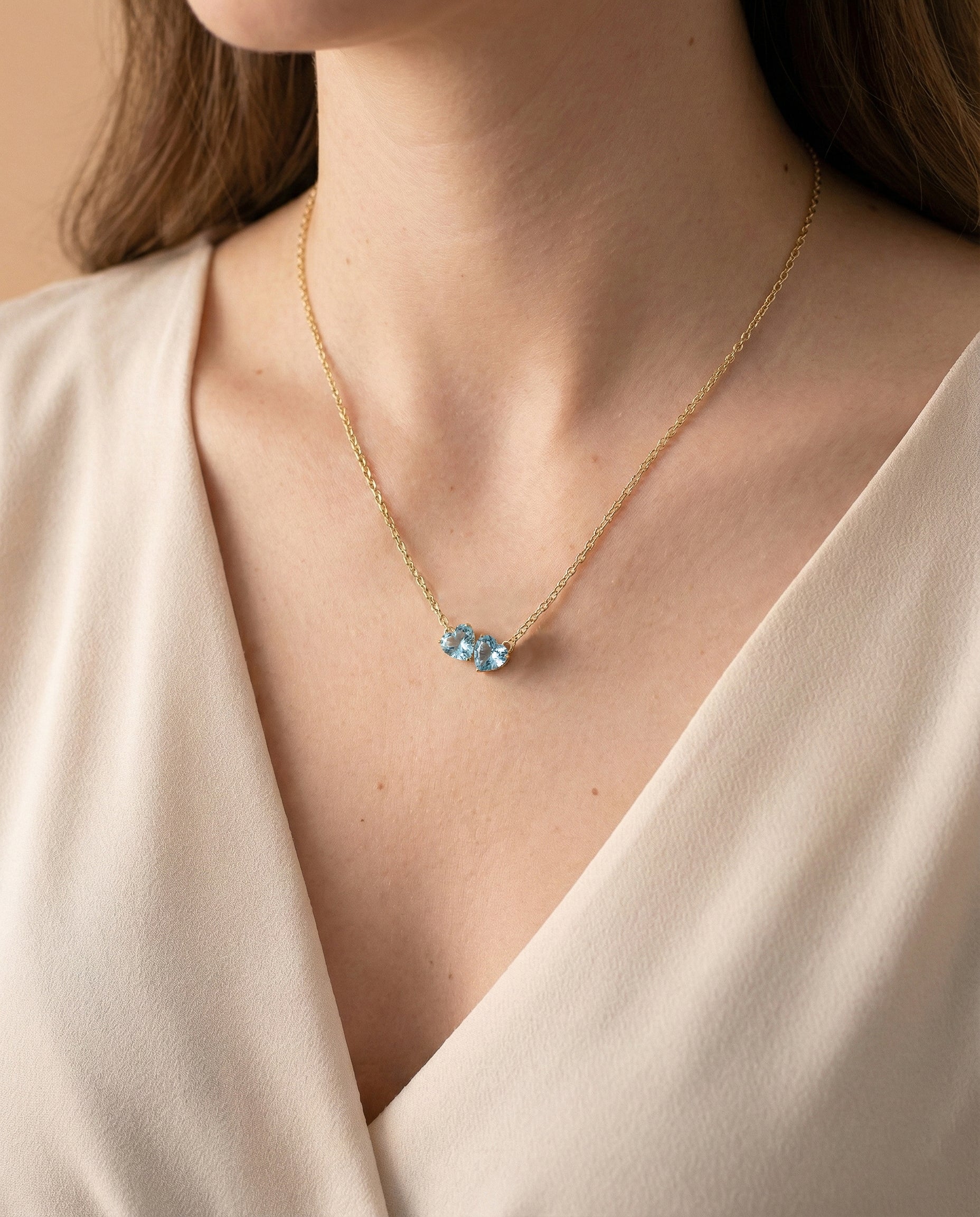 Aquamarine Double Heart Pendant Necklace in Yellow Gold Plated 5 MM 1.3ct