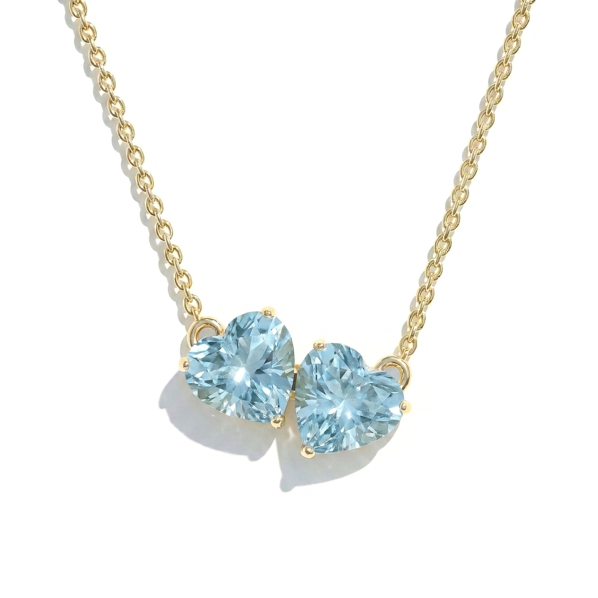 Aquamarine Double Heart Pendant Necklace in Yellow Gold Plated 5 MM 1.3ct