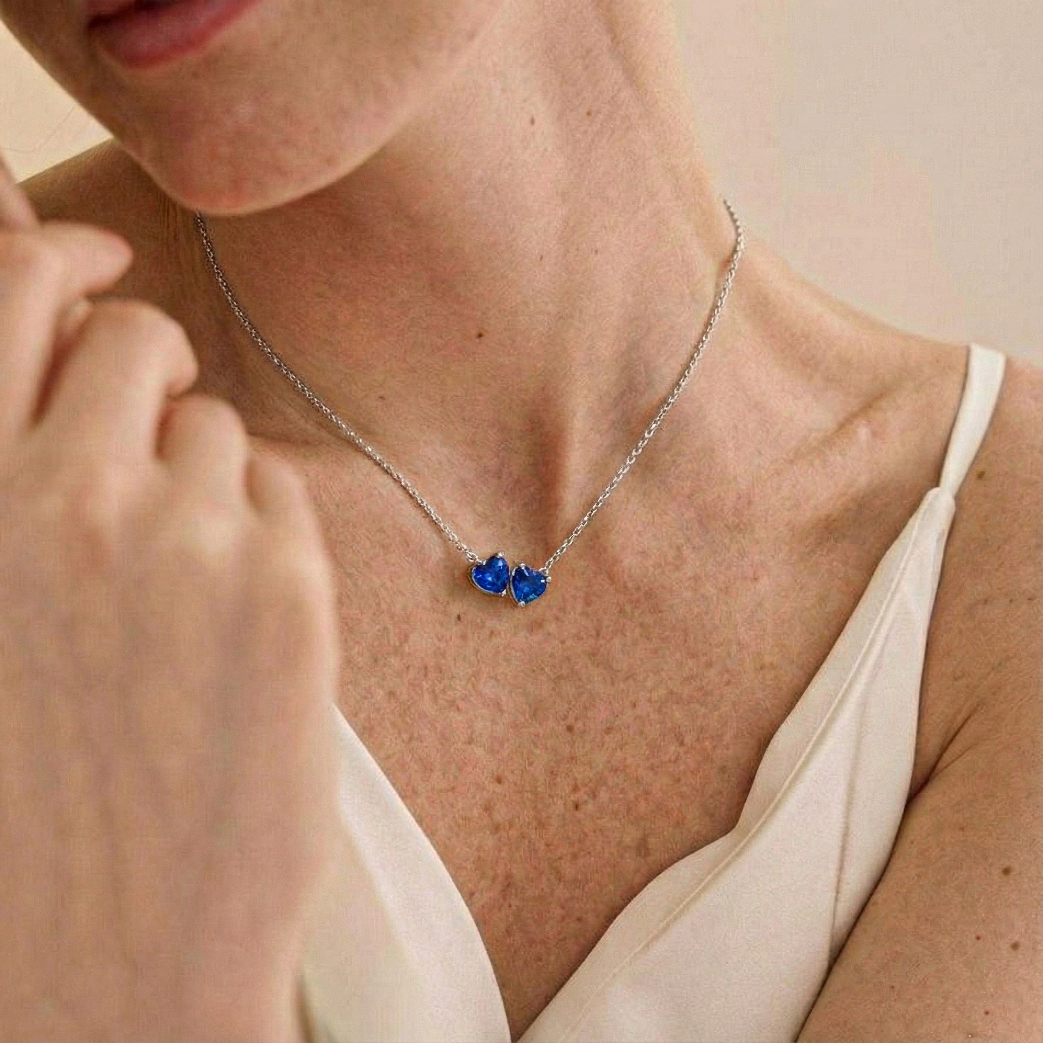 Sapphire Necklaces Double Heart Silver Style