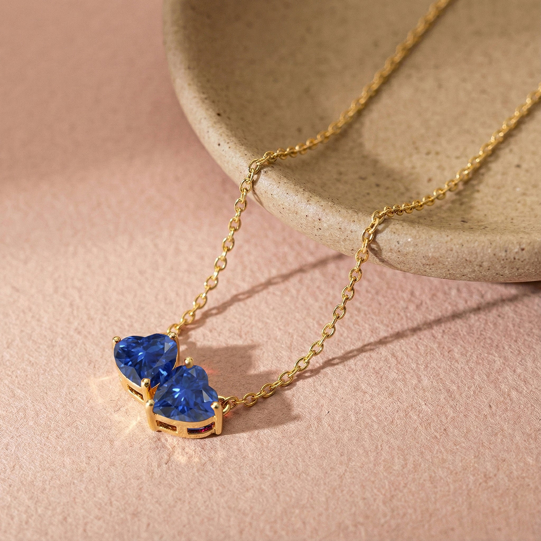 Blue Sapphire Double Heart Pendant Necklace in Yellow Gold Plated 5 MM 1.3ct