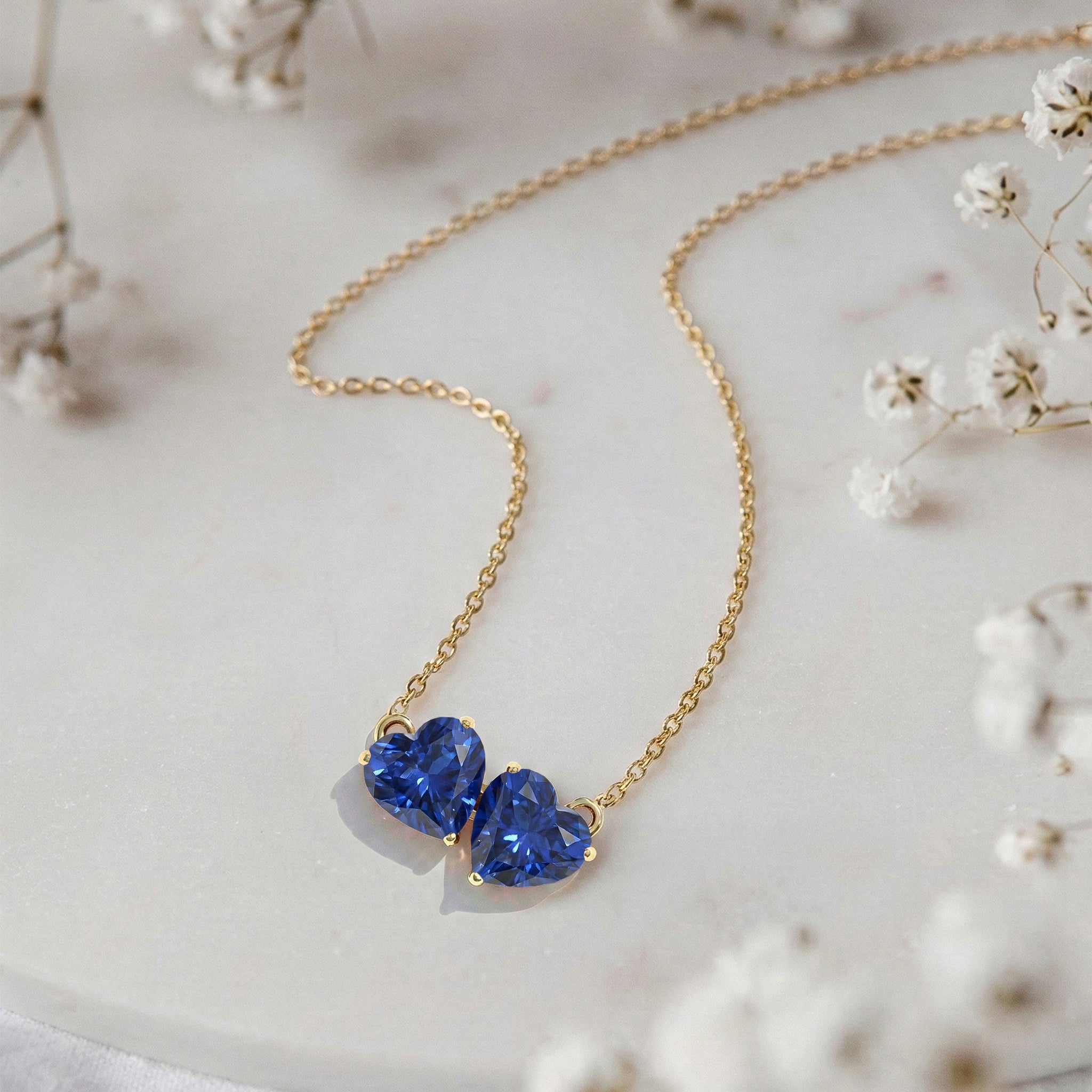 Blue Sapphire Double Heart Pendant Necklace in 925 Sterling Silver 5 MM 1.3ct