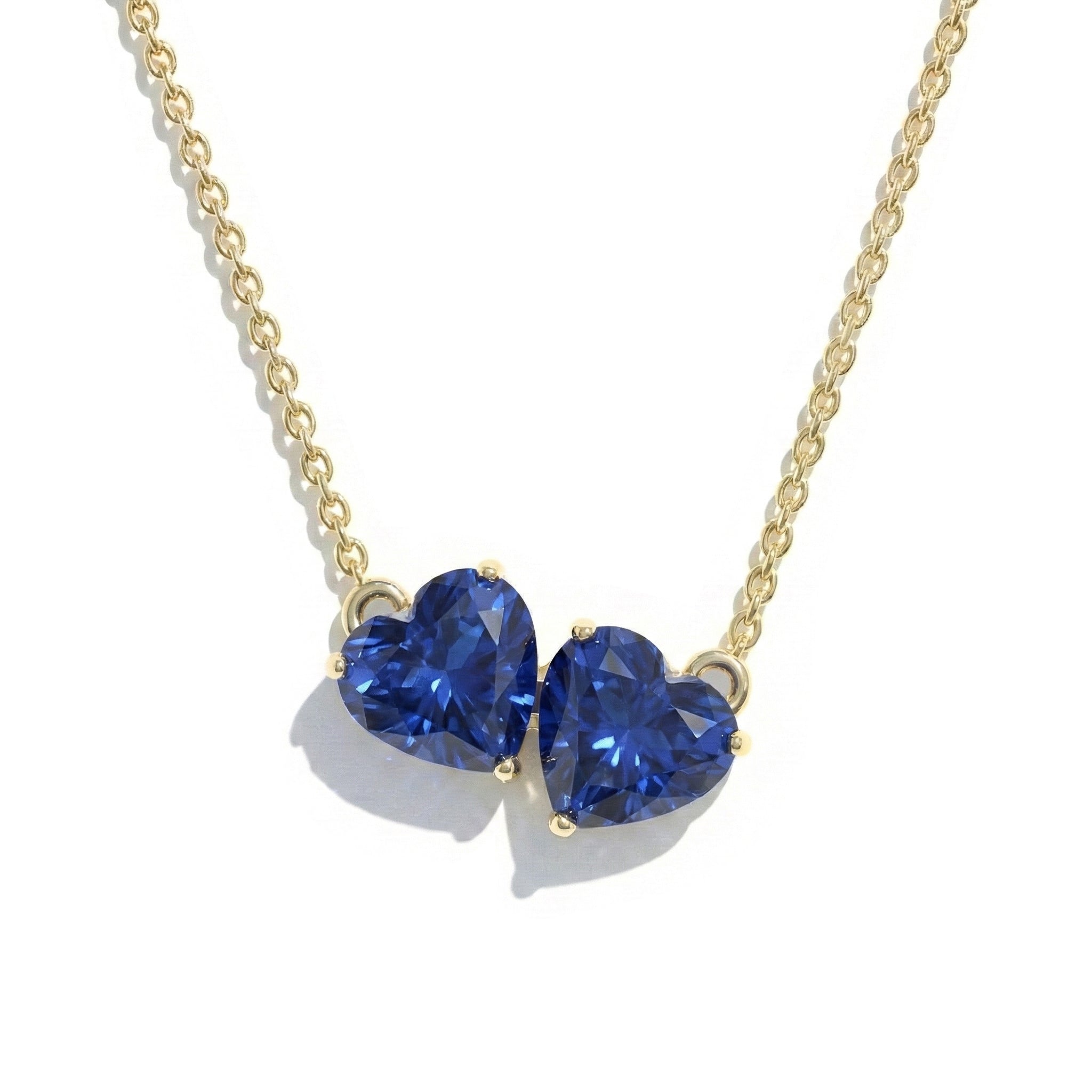 Blue Sapphire Double Heart Pendant Necklace in Yellow Gold Plated 5 MM 1.3ct