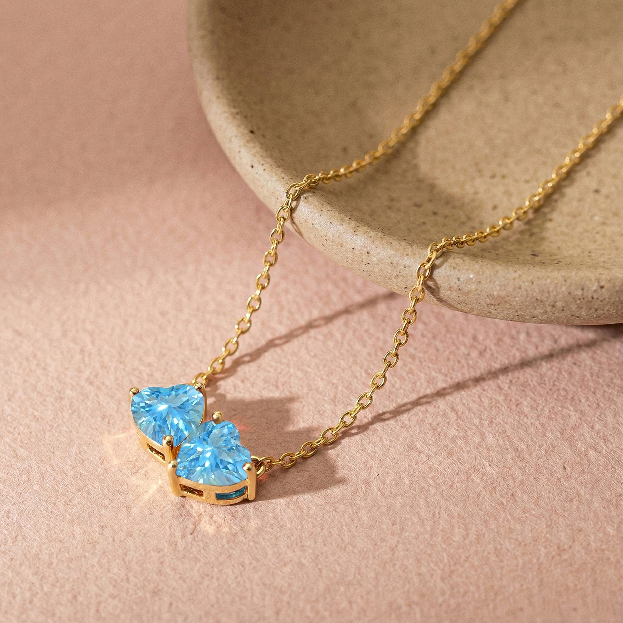 Blue Topaz Double Heart Pendant Necklace in Yellow Gold Plated 5 MM 1.3ct