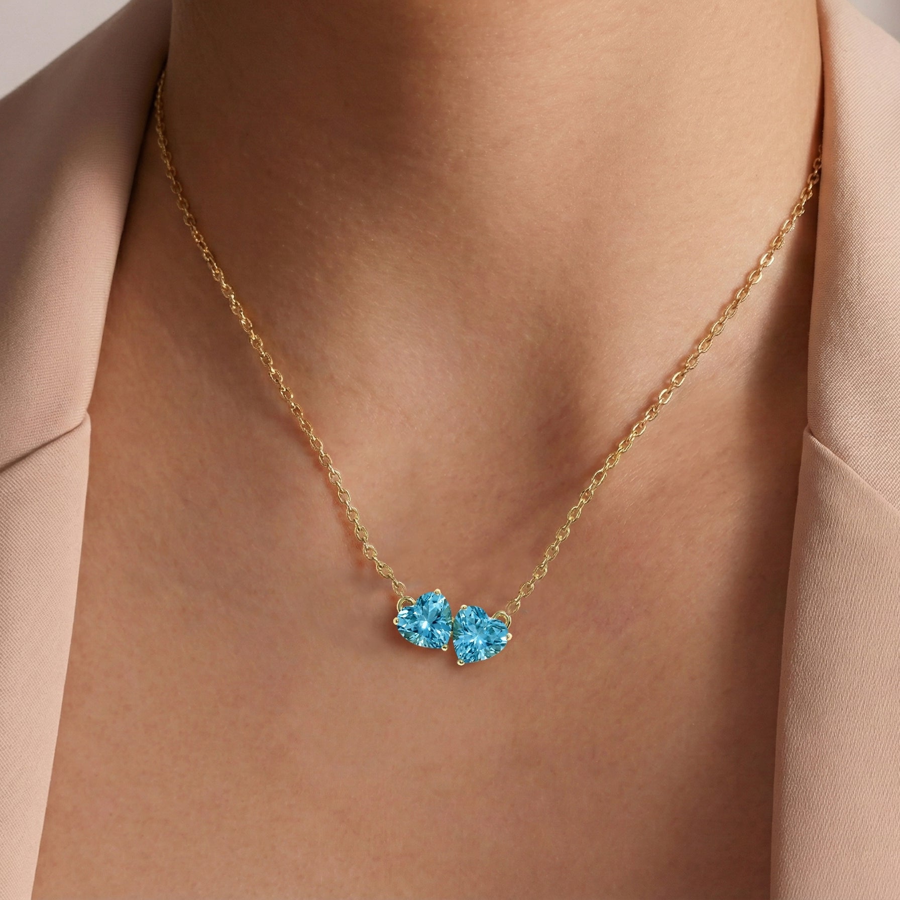 Blue Topaz Double Heart Pendant Necklace in Yellow Gold Plated 5 MM 1.3ct