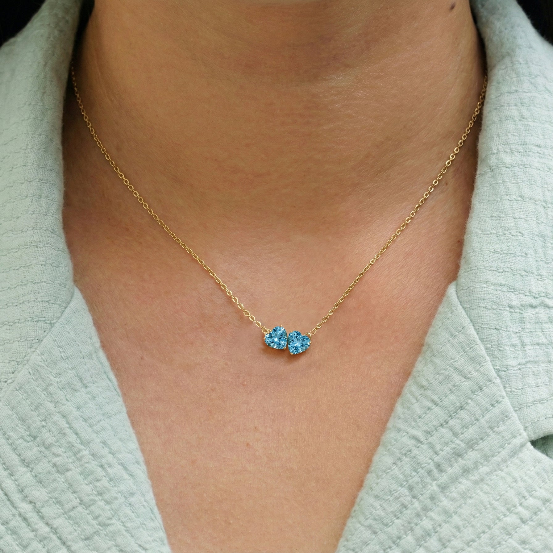 Blue Topaz Double Heart Pendant Necklace in Yellow Gold Plated 5 MM 1.3ct
