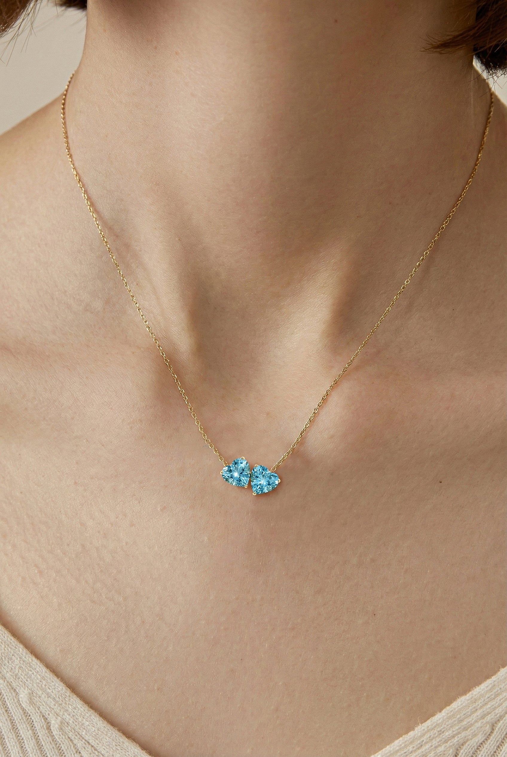 Blue Topaz Double Heart Pendant Necklace in Yellow Gold Plated 5 MM 1.3ct