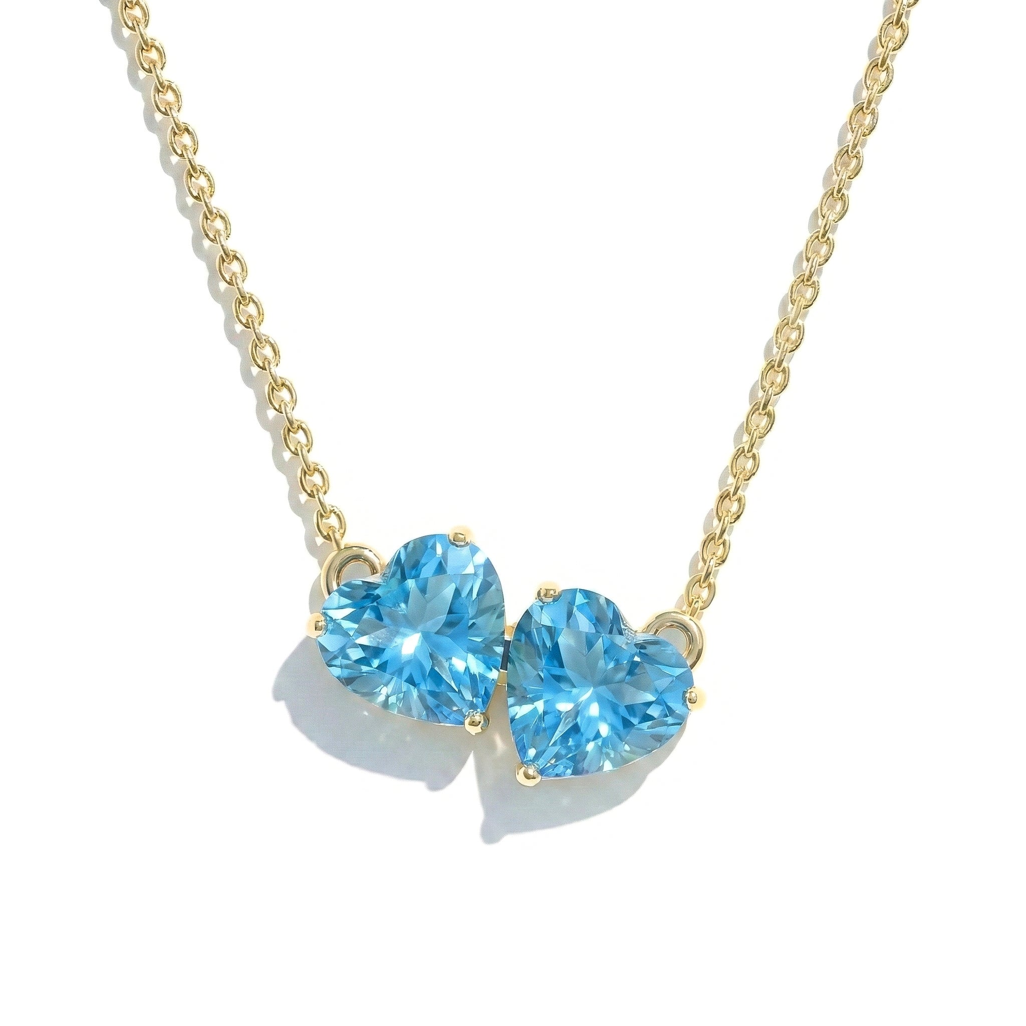 Blue Topaz Double Heart Pendant Necklace in Yellow Gold Plated 5 MM 1.3ct