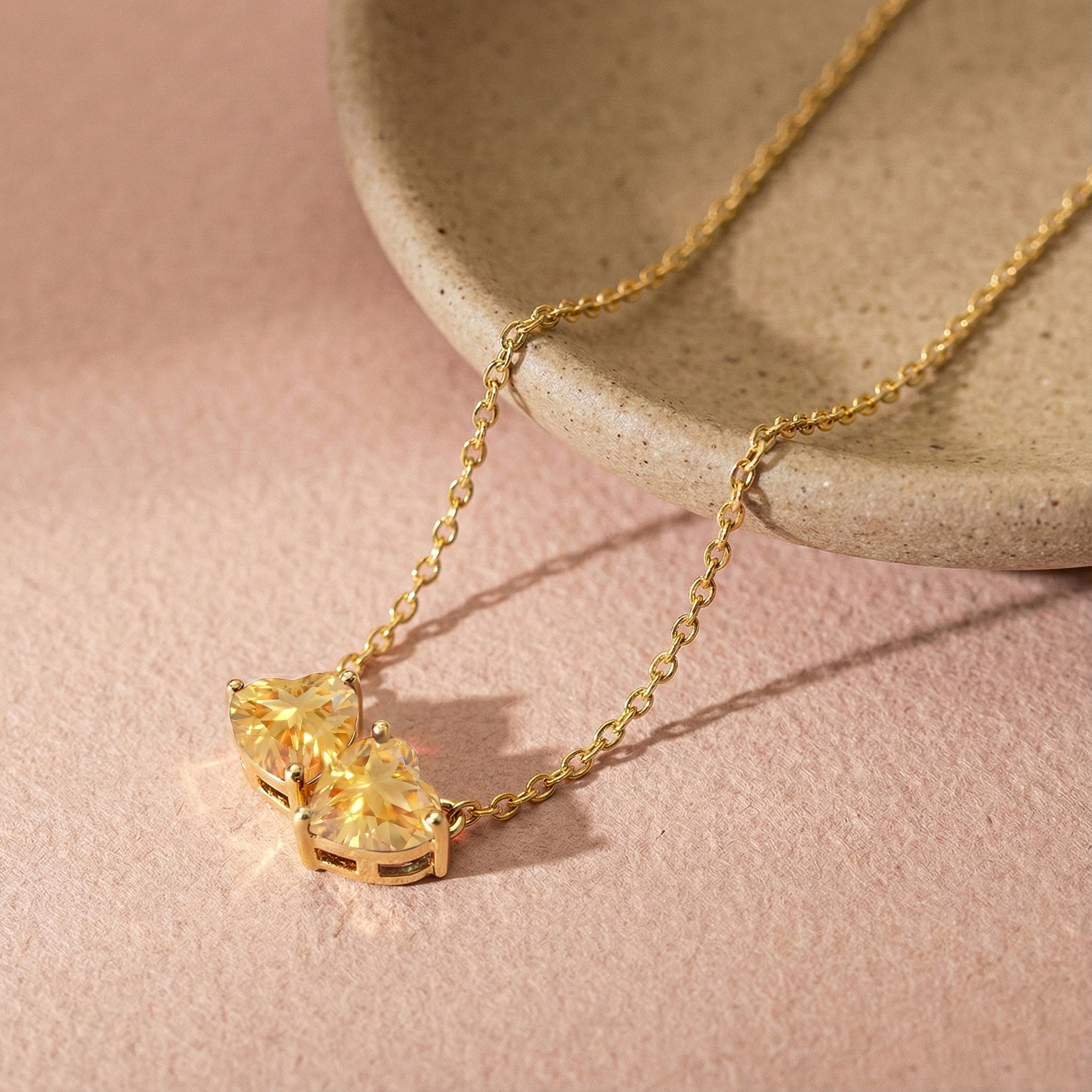 Citrine Double Heart Pendant Necklace in Yellow Gold Plated 5 MM 1.3ct