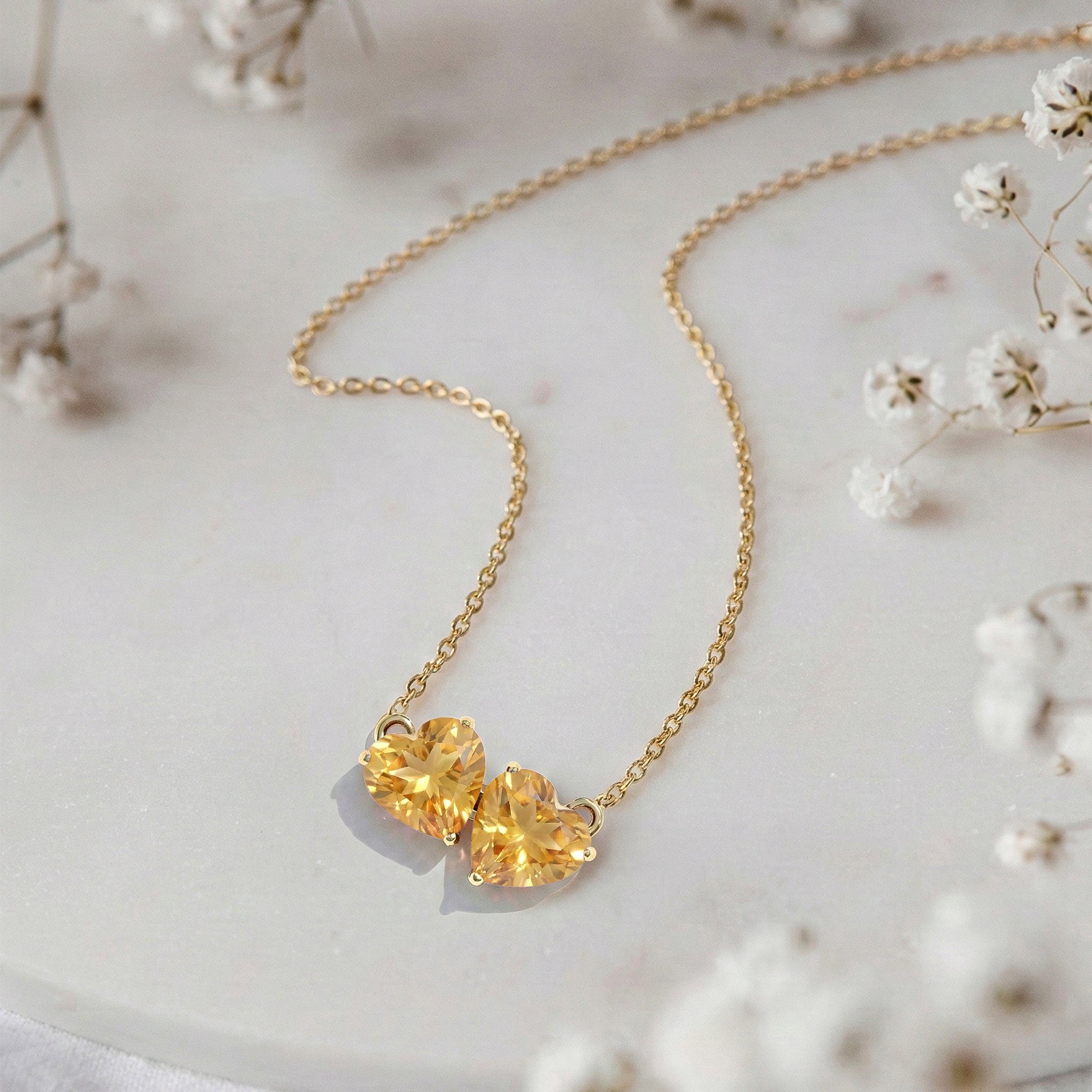 Citrine Double Heart Pendant Necklace in Yellow Gold Plated 5 MM 1.3ct