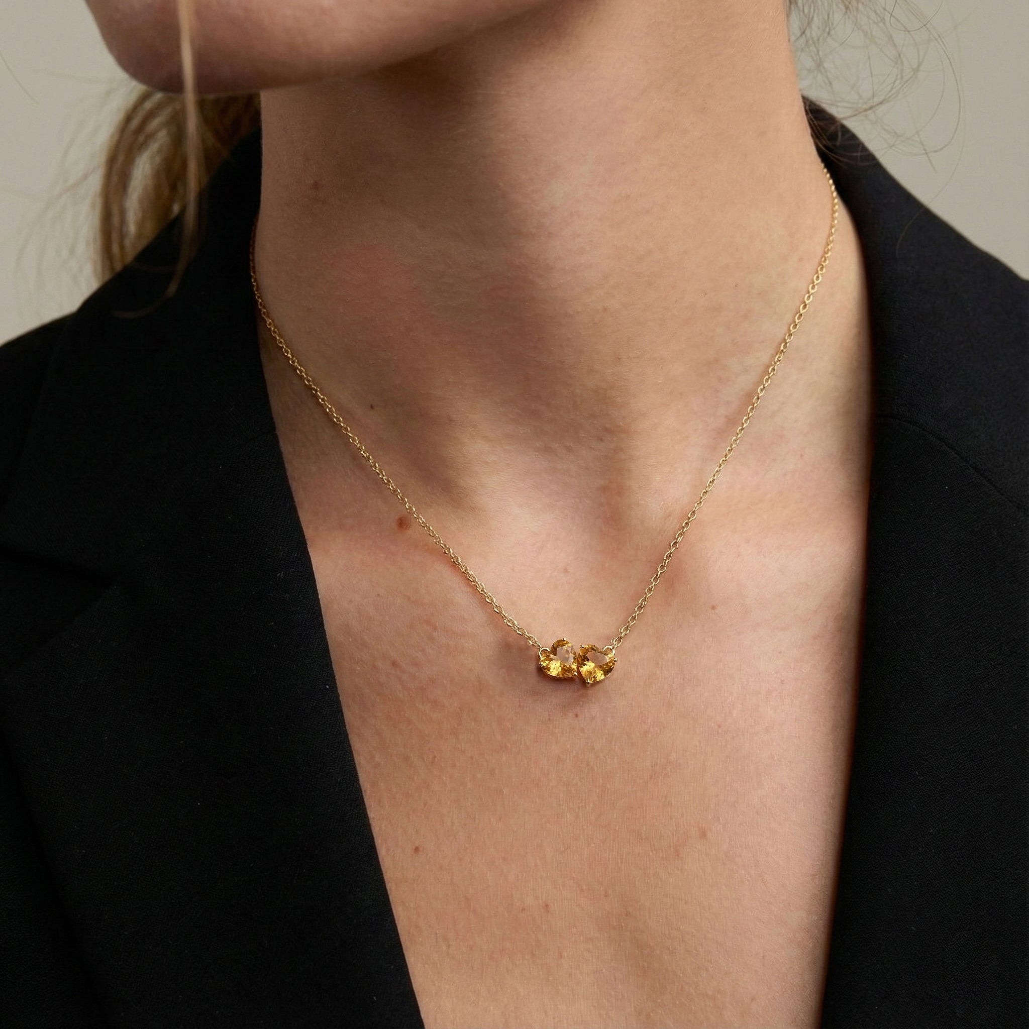 Citrine Double Heart Pendant Necklace in Yellow Gold Plated 5 MM 1.3ct