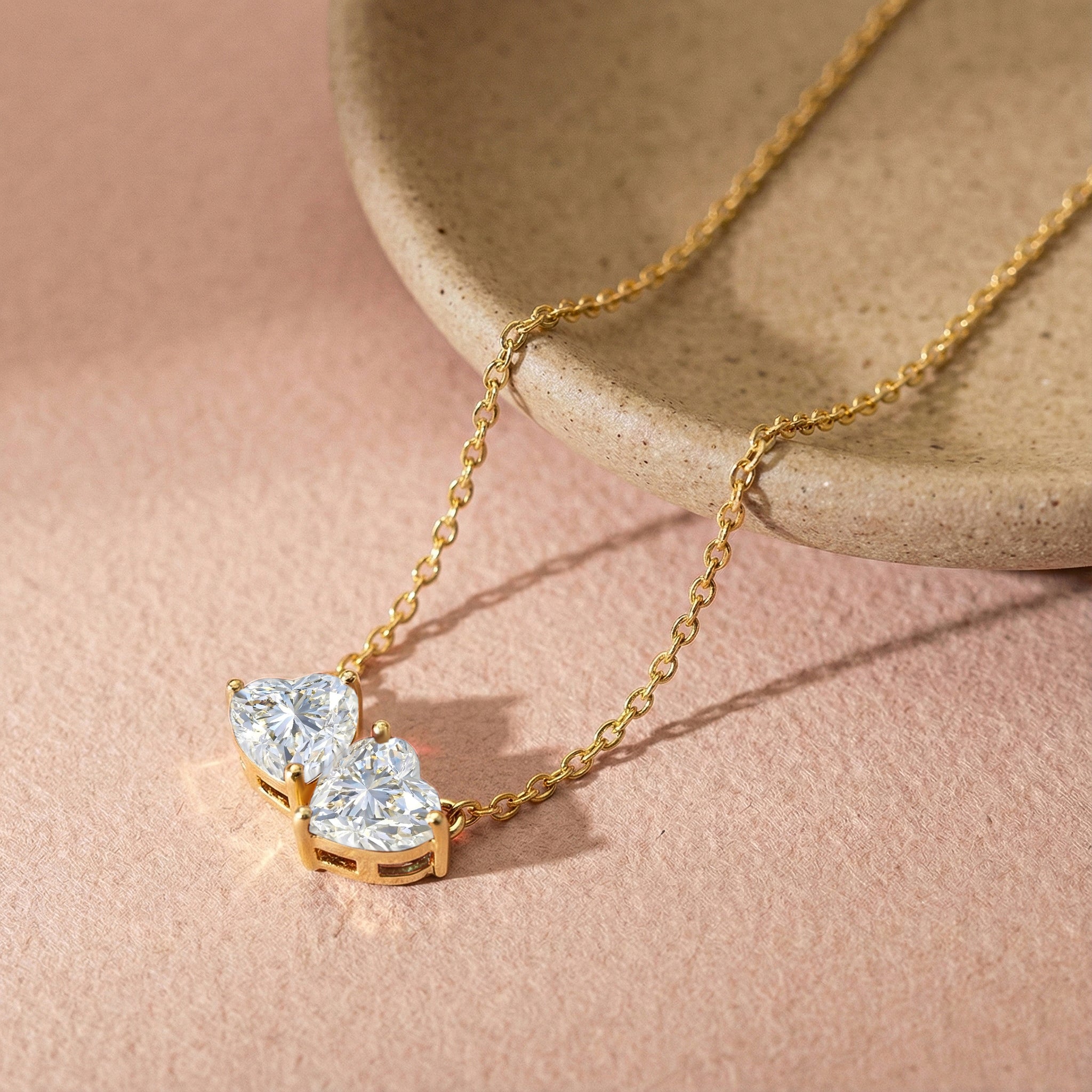 Simulated Diamond Double Heart Pendant Necklace in Yellow Gold Plated 5 MM 1.3ct