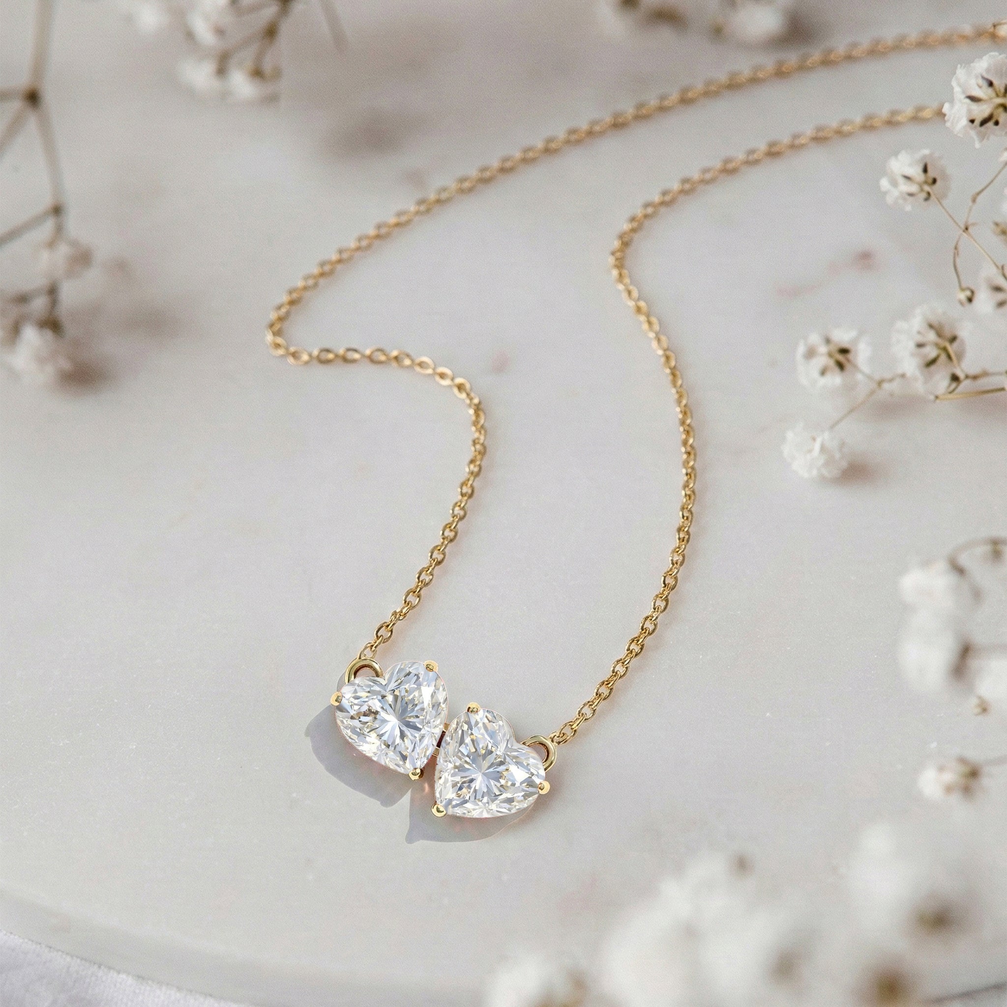 Simulated Diamond Double Heart Pendant Necklace in Yellow Gold Plated 5 MM 1.3ct