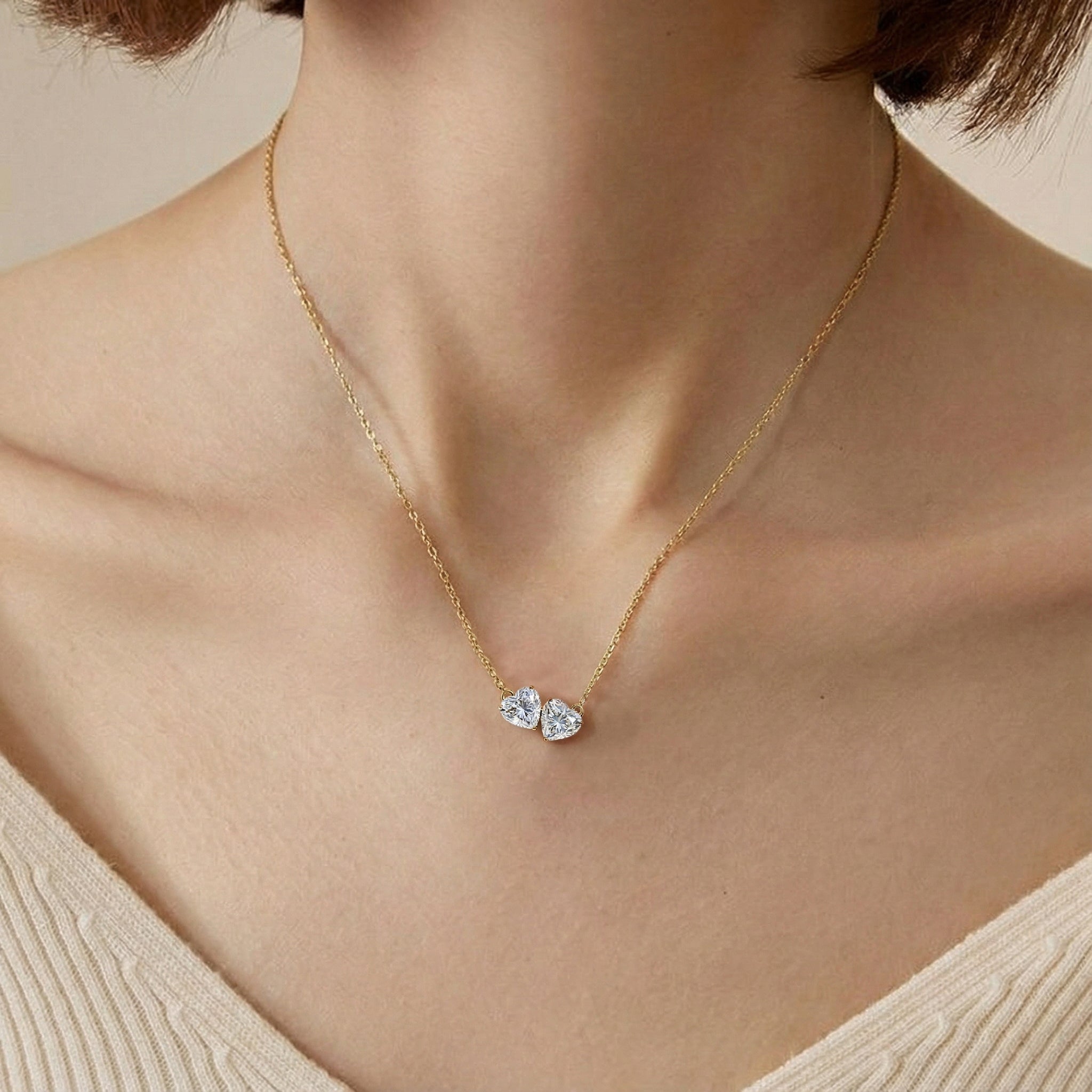 Cubic Zirconia Double Heart Pendant Necklace in 925 Sterling Silver 5 MM 1.3ct
