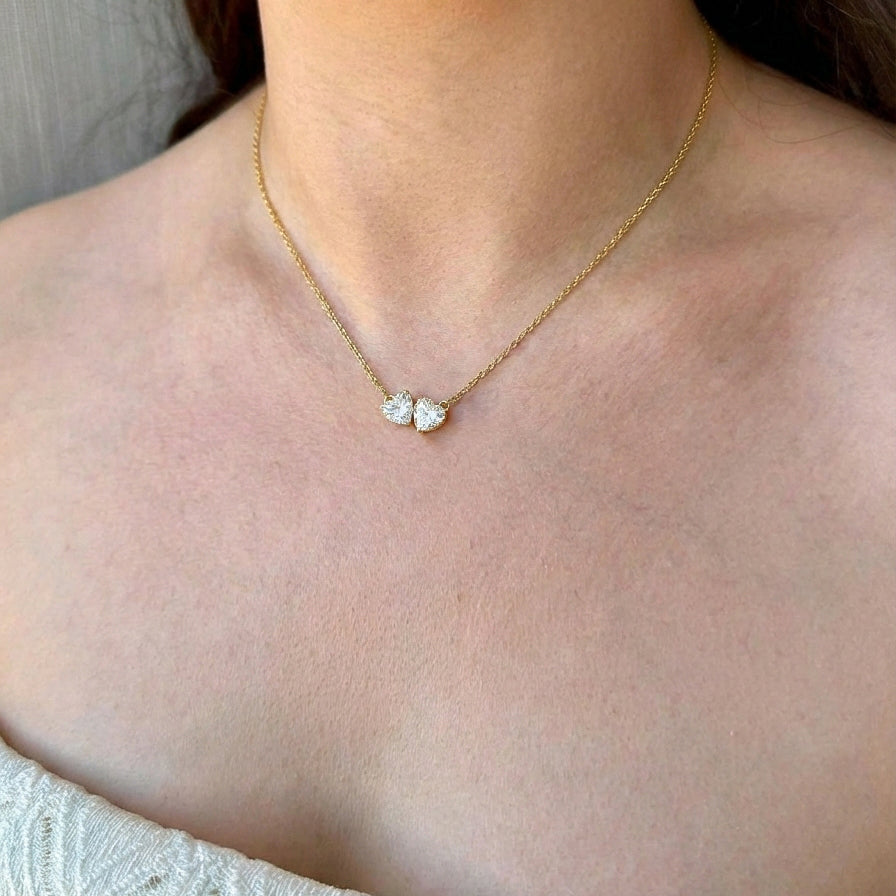 Simulated Diamond Double Heart Pendant Necklace in Yellow Gold Plated 5 MM 1.3ct
