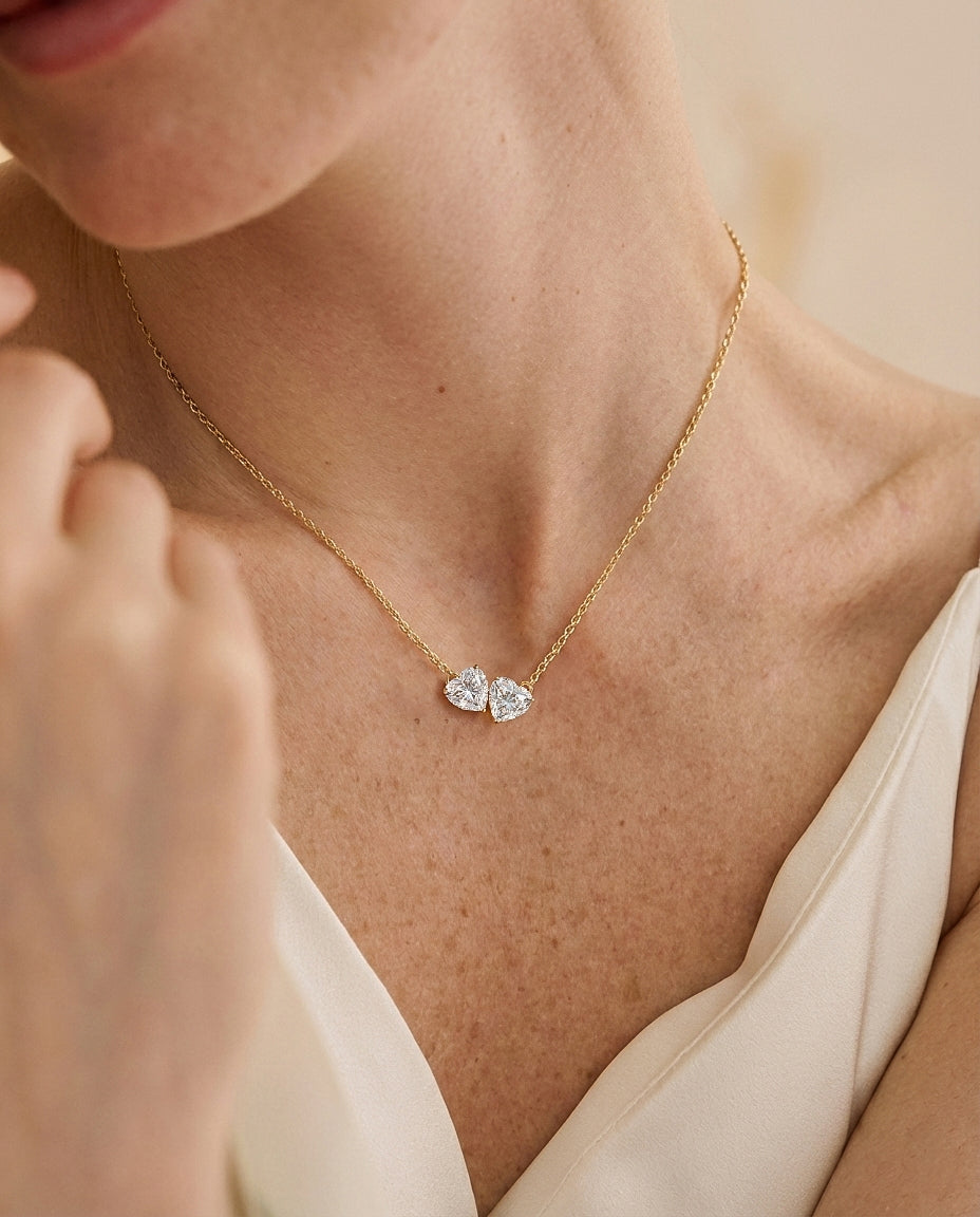 Simulated Diamond Double Heart Pendant Necklace in Yellow Gold Plated 5 MM 1.3ct