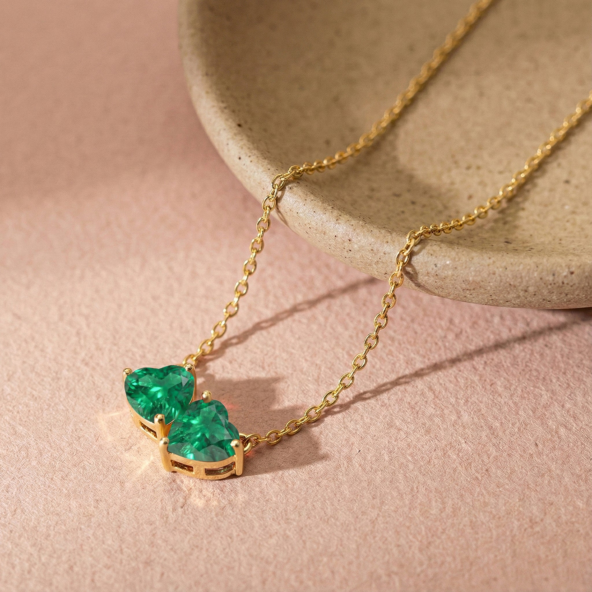 Emerald Double Heart Pendant Necklace in Yellow Gold Plated 5 MM 1.3ct