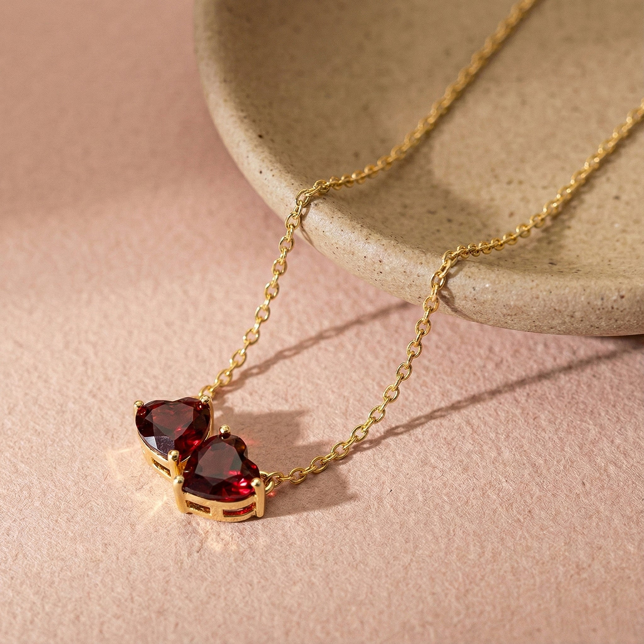 Garnet Double Heart Pendant Necklace in Yellow Gold Plated 5 MM 1.3ct