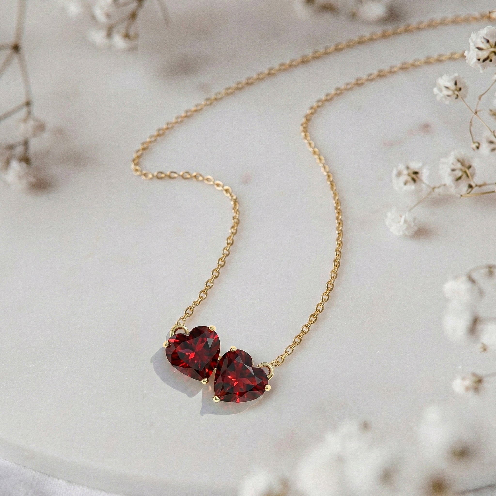 Garnet Double Heart Pendant Necklace in Yellow Gold Plated 5 MM 1.3ct