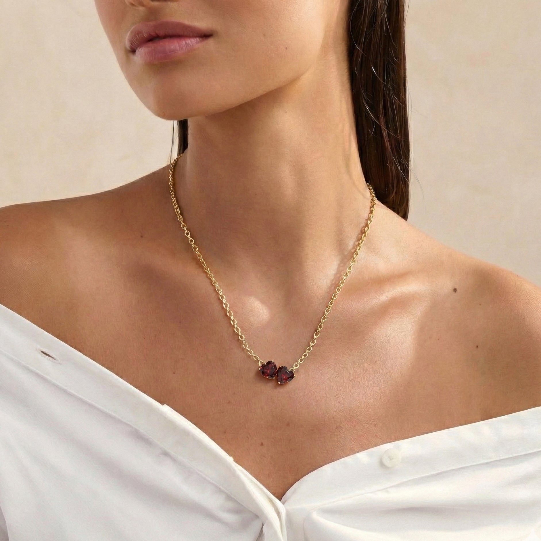 Garnet Double Heart Pendant Necklace in Yellow Gold Plated 5 MM 1.3ct